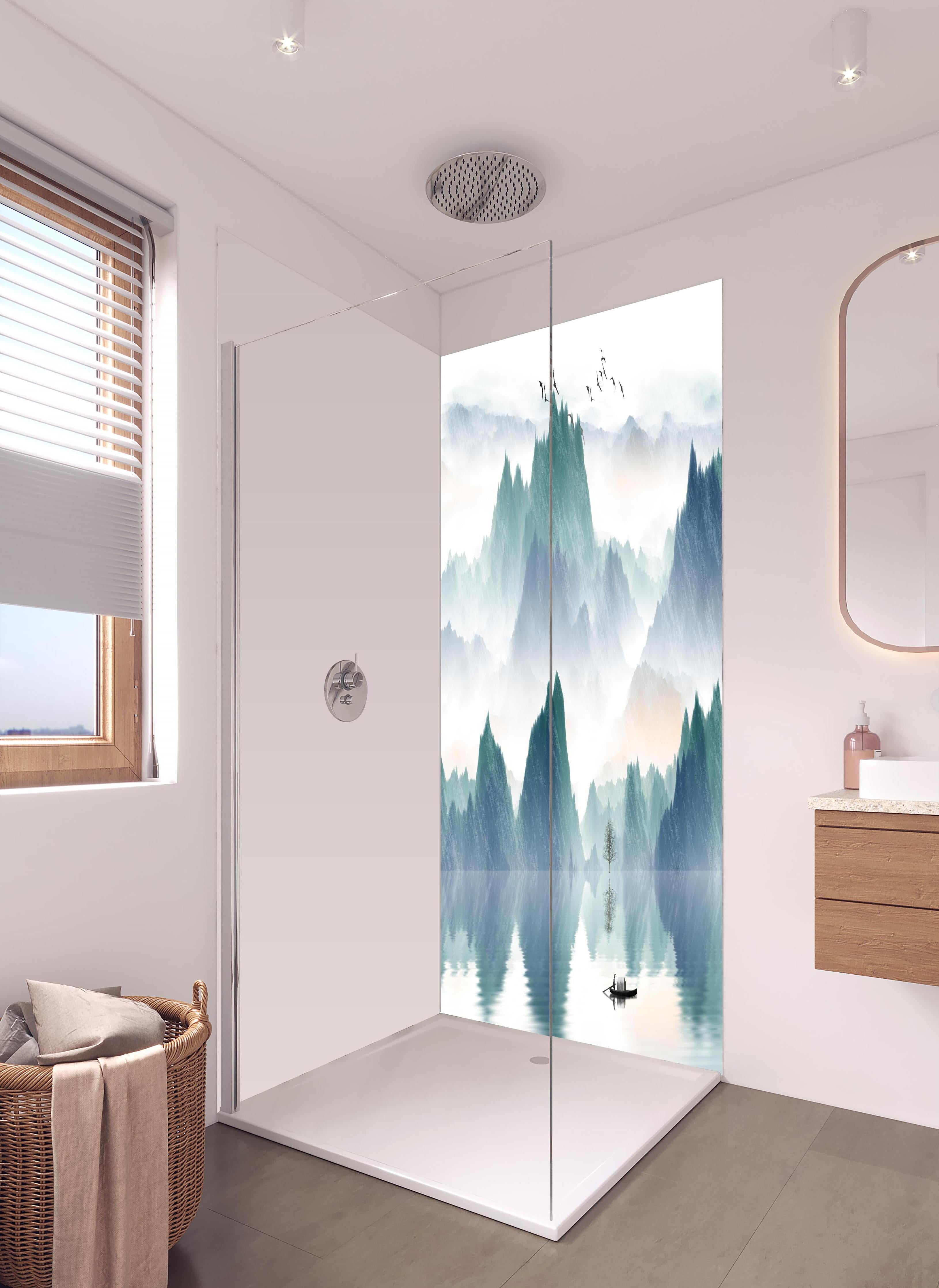 Duschrückwand - In den Bergen - Moderne Kunst in hellem Badezimmer mit Regenduschkopf - zweiteilige Eck-Duschrückwand