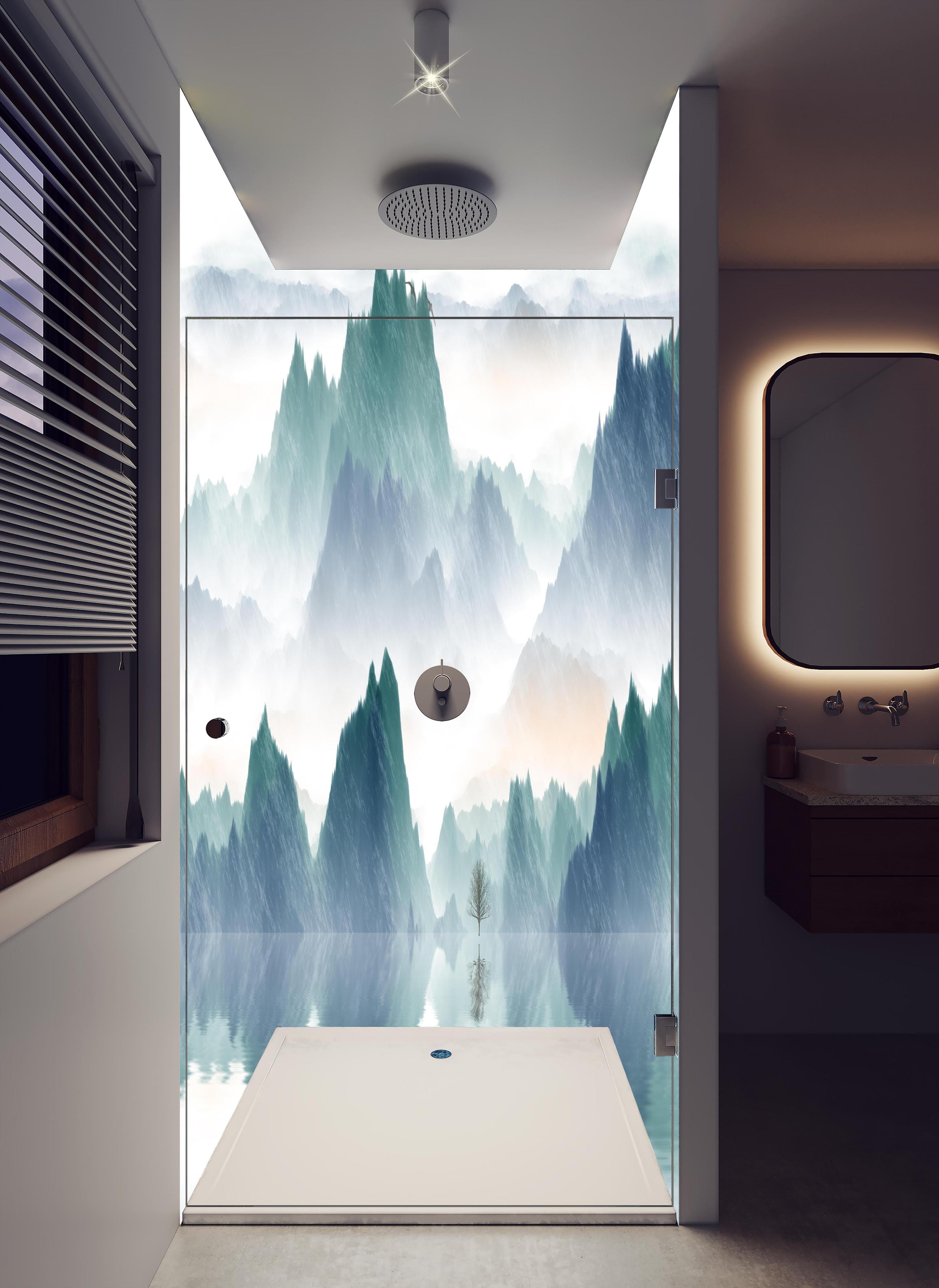 Duschrückwand - In den Bergen - Moderne Kunst in hellem Badezimmer mit Regenduschkopf - zweiteilige Eck-Duschrückwand