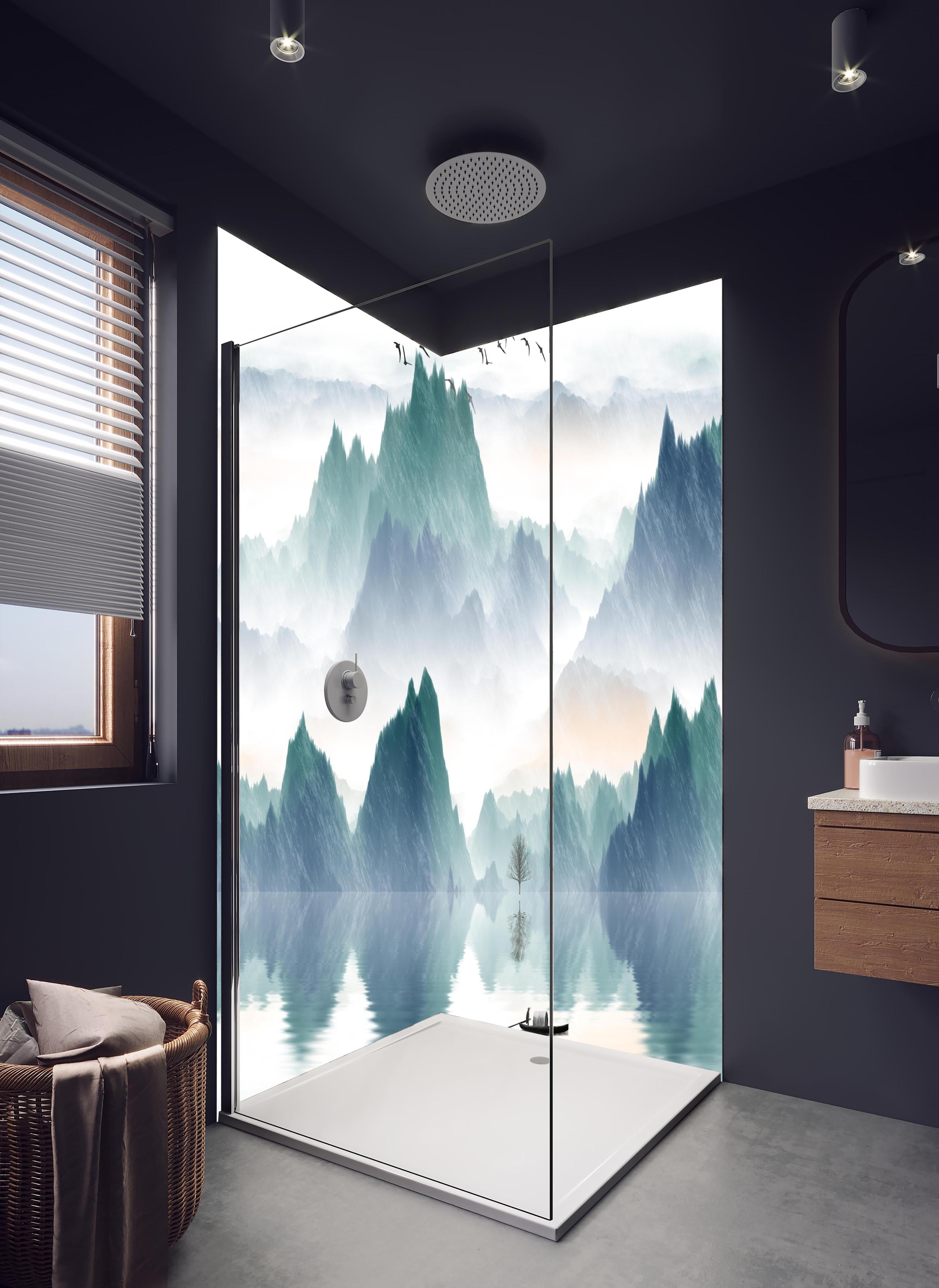 Duschrückwand - In den Bergen - Moderne Kunst in hellem Badezimmer mit Regenduschkopf - zweiteilige Eck-Duschrückwand