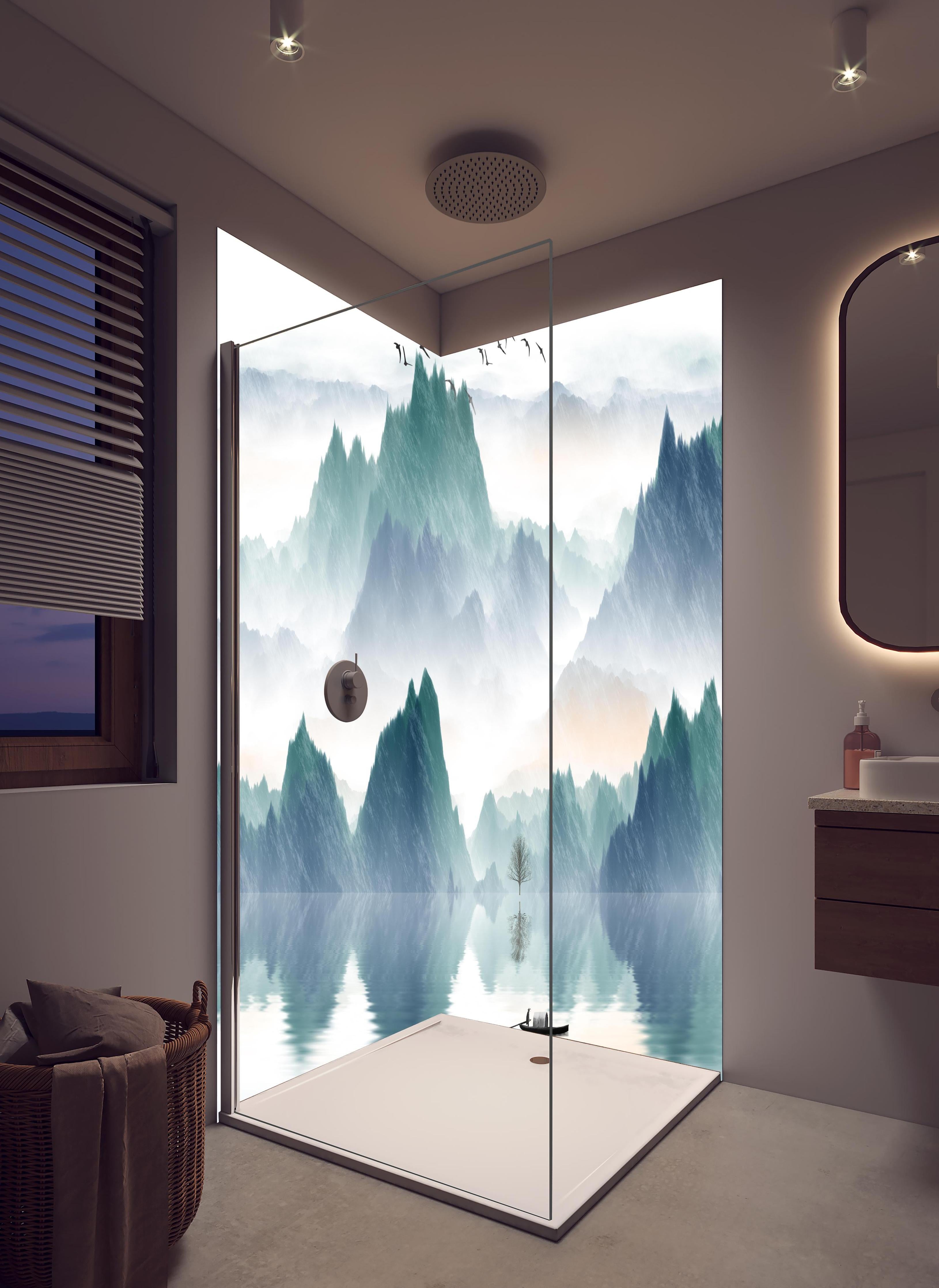 Duschrückwand - In den Bergen - Moderne Kunst in hellem Badezimmer mit Regenduschkopf - zweiteilige Eck-Duschrückwand