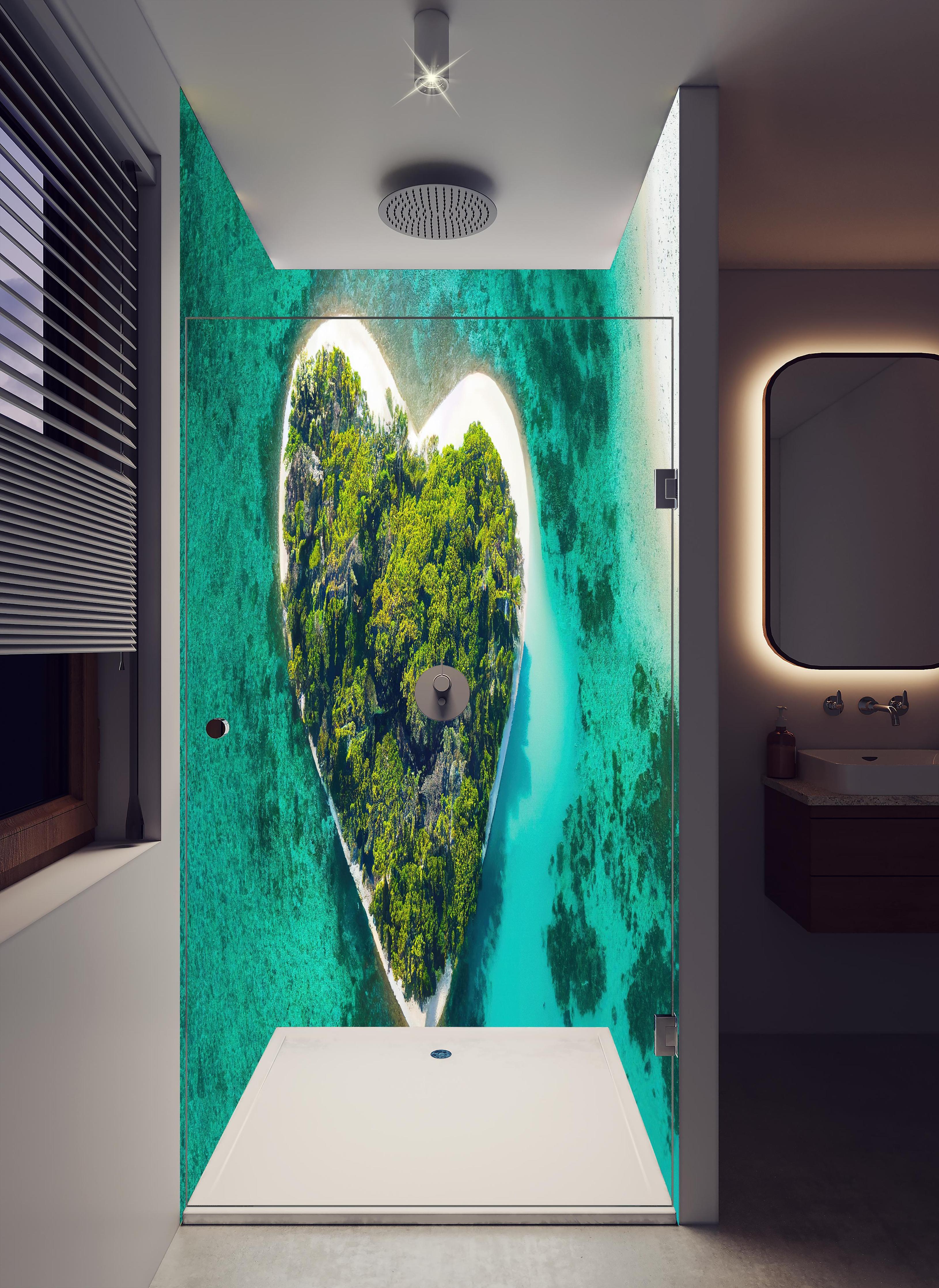 Duschrückwand - Insel in Herzform in hellem Badezimmer mit Regenduschkopf - zweiteilige Eck-Duschrückwand