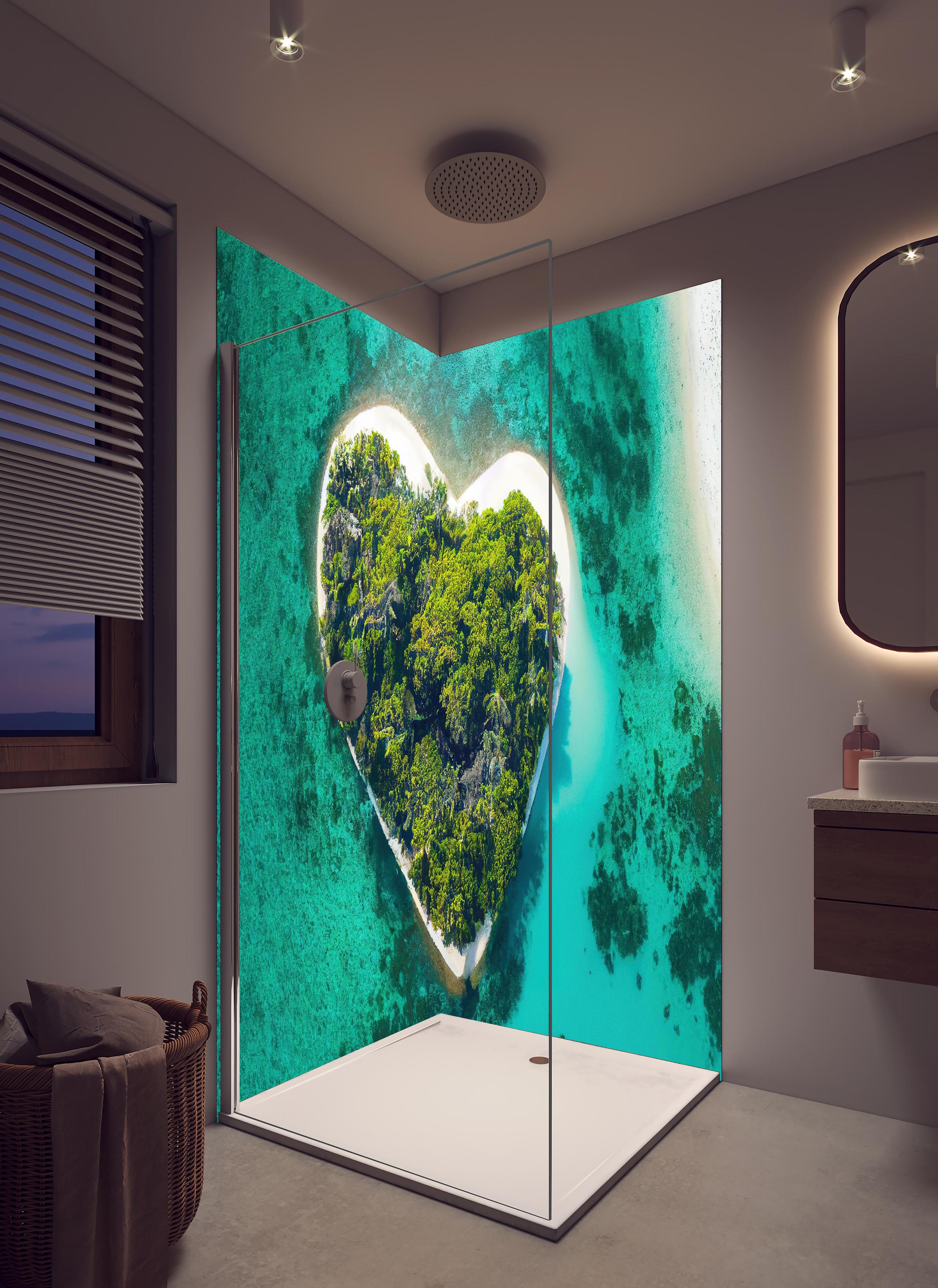 Duschrückwand - Insel in Herzform in hellem Badezimmer mit Regenduschkopf - zweiteilige Eck-Duschrückwand
