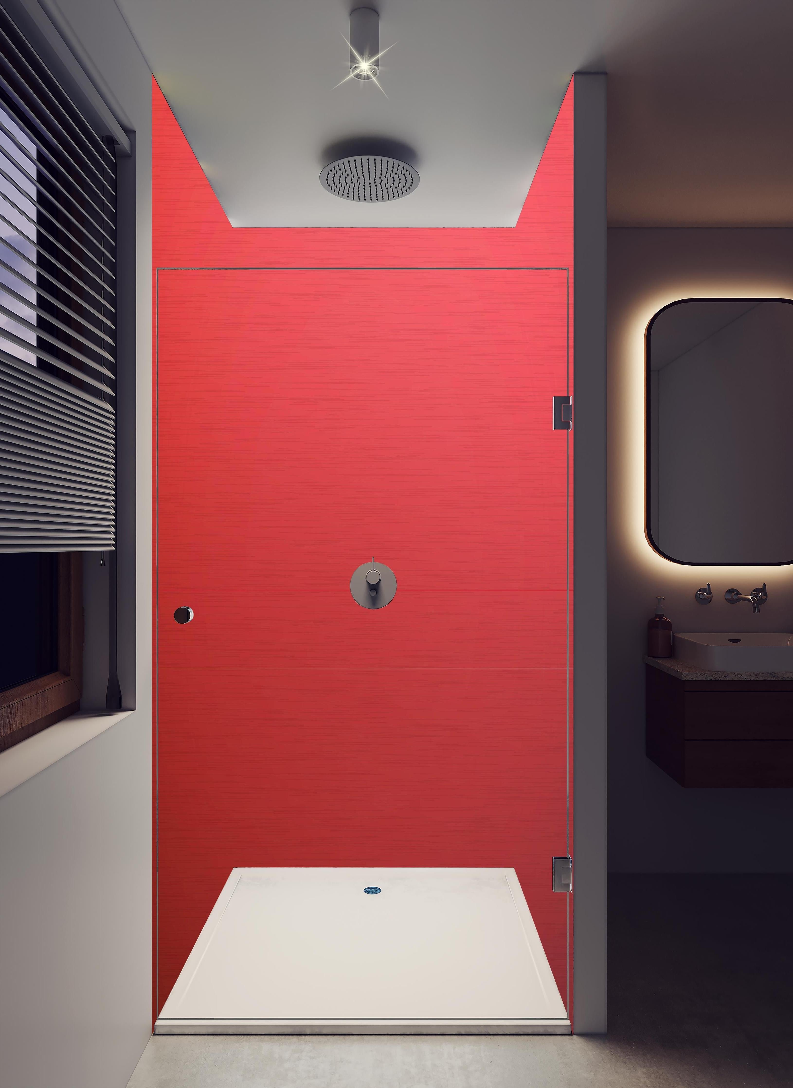 Duschrückwand - Intensives Uniform Rot Texturloses Design in hellem Badezimmer mit Regenduschkopf - zweiteilige Eck-Duschrückwand