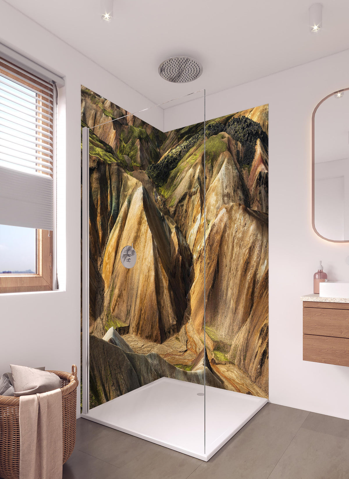 Duschrückwand - Isländische Hochland-Landschaft in bunten Tönen in hellem Badezimmer mit Regenduschkopf - zweiteilige Eck-Duschrückwand