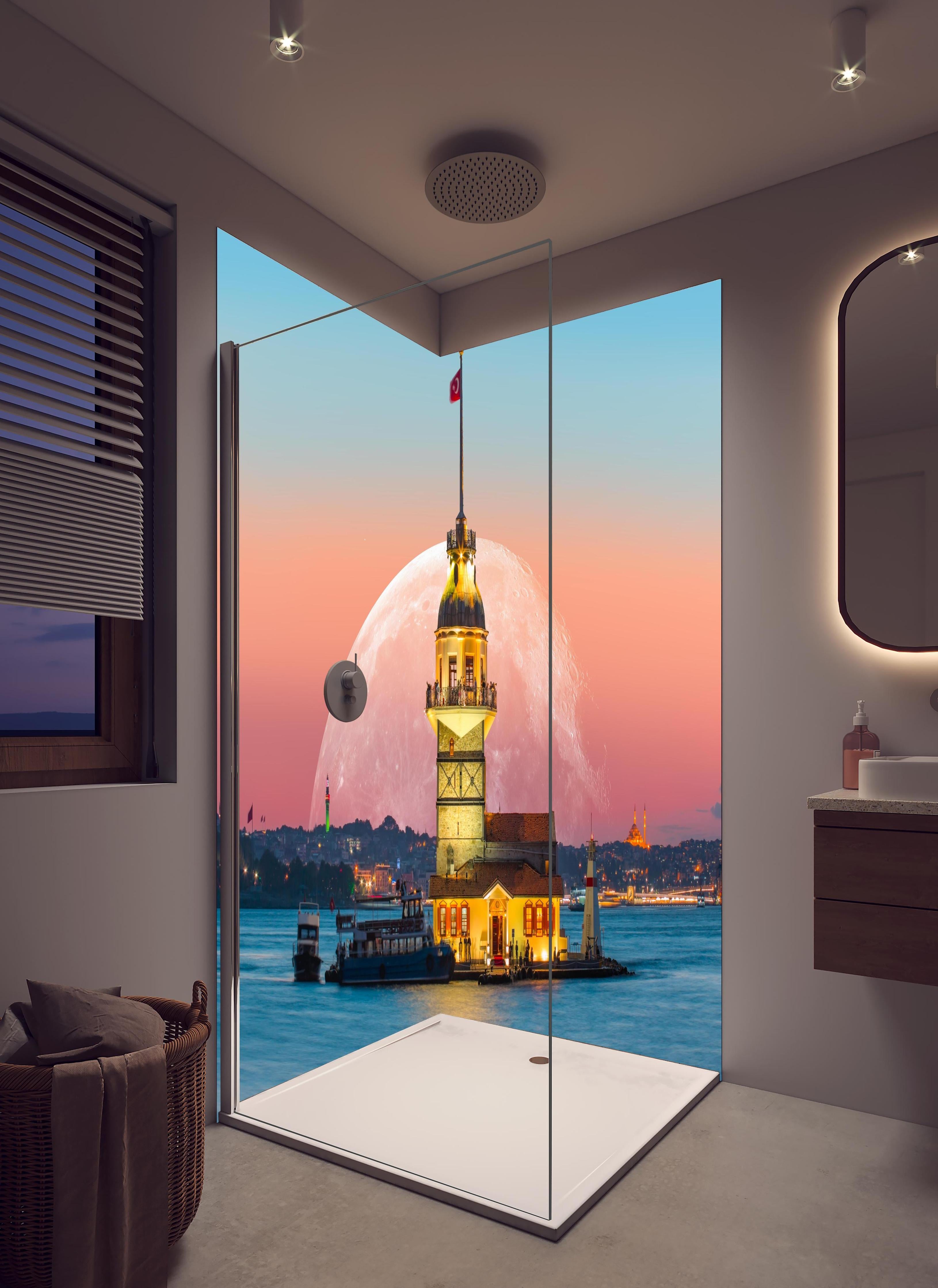 Duschrückwand - Istanbuler Jungfernturm mit Supermond in hellem Badezimmer mit Regenduschkopf - zweiteilige Eck-Duschrückwand