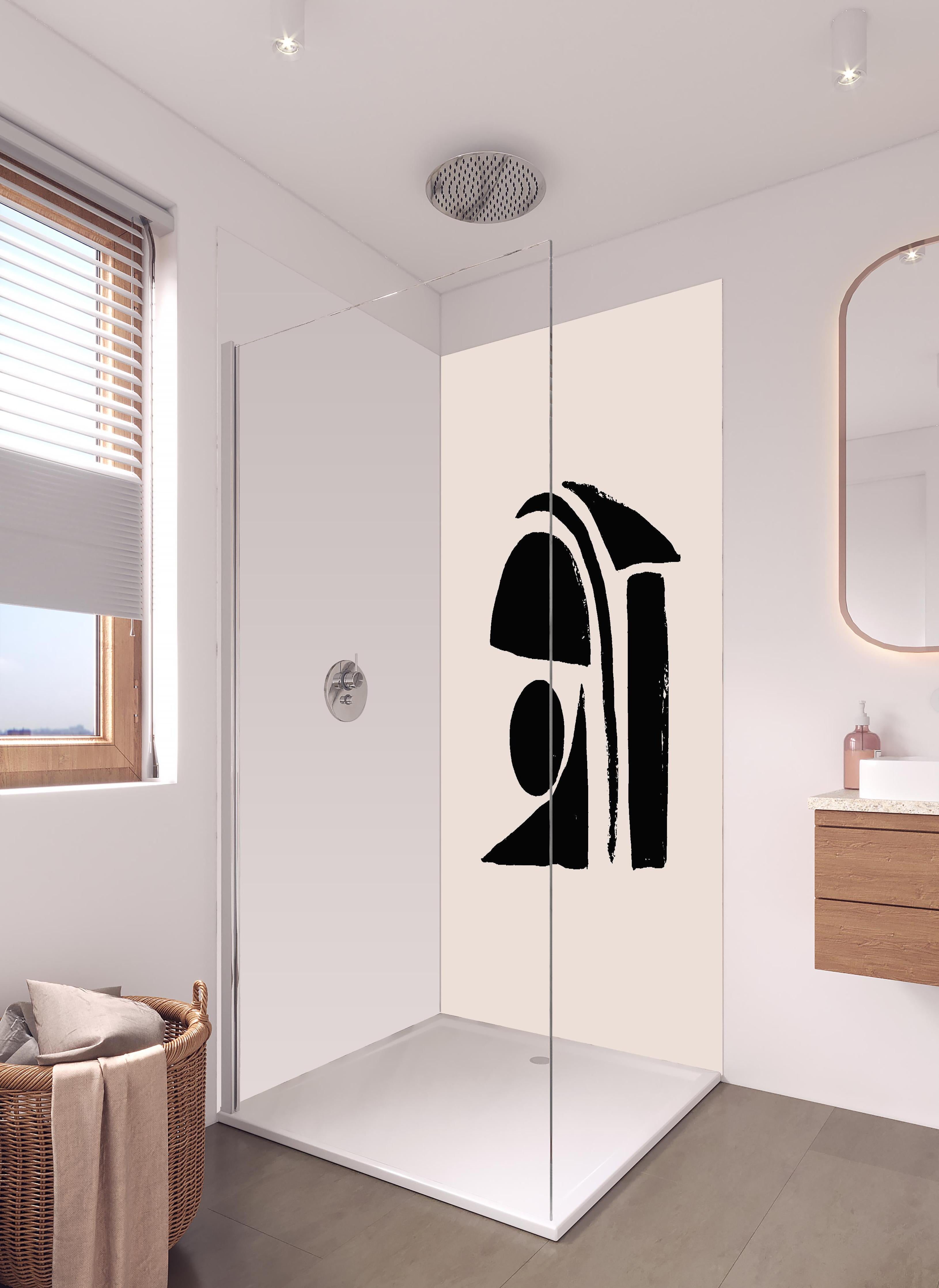 Duschrückwand - Ivory Schwarz Abstract Kunstwerk in hellem Badezimmer mit Regenduschkopf - zweiteilige Eck-Duschrückwand
