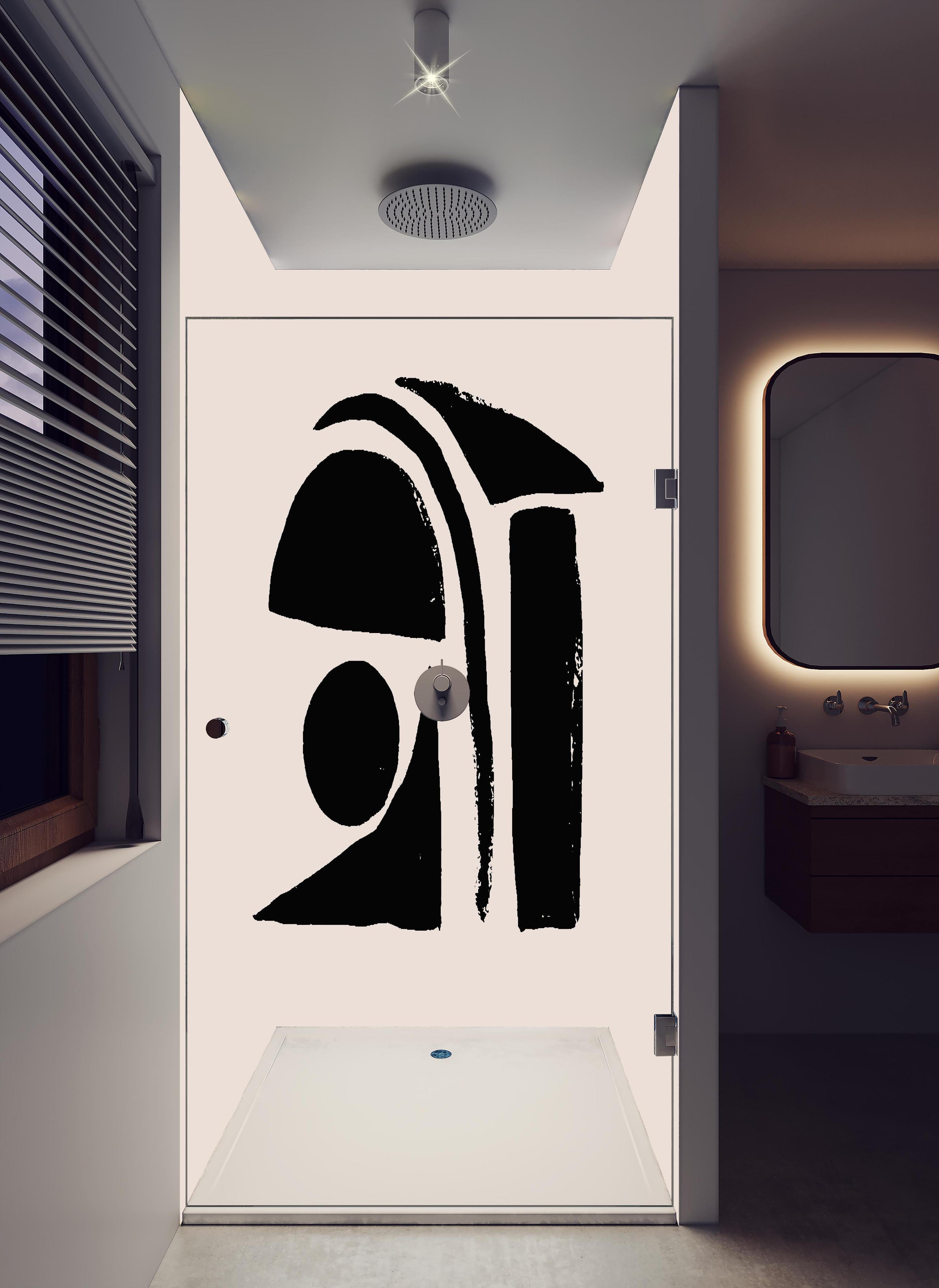 Duschrückwand - Ivory Schwarz Abstract Kunstwerk in hellem Badezimmer mit Regenduschkopf - zweiteilige Eck-Duschrückwand