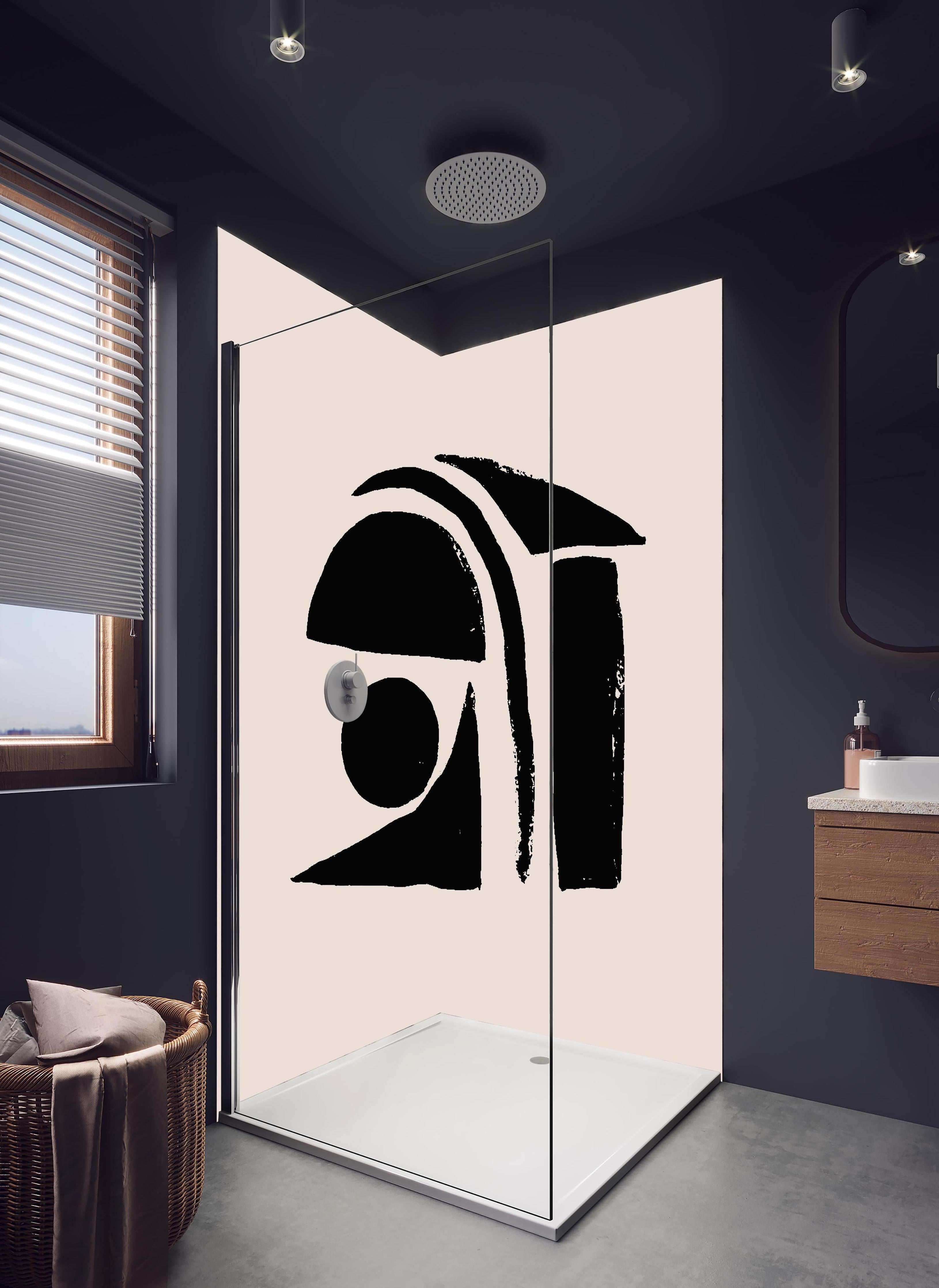 Duschrückwand - Ivory Schwarz Abstract Kunstwerk in hellem Badezimmer mit Regenduschkopf - zweiteilige Eck-Duschrückwand