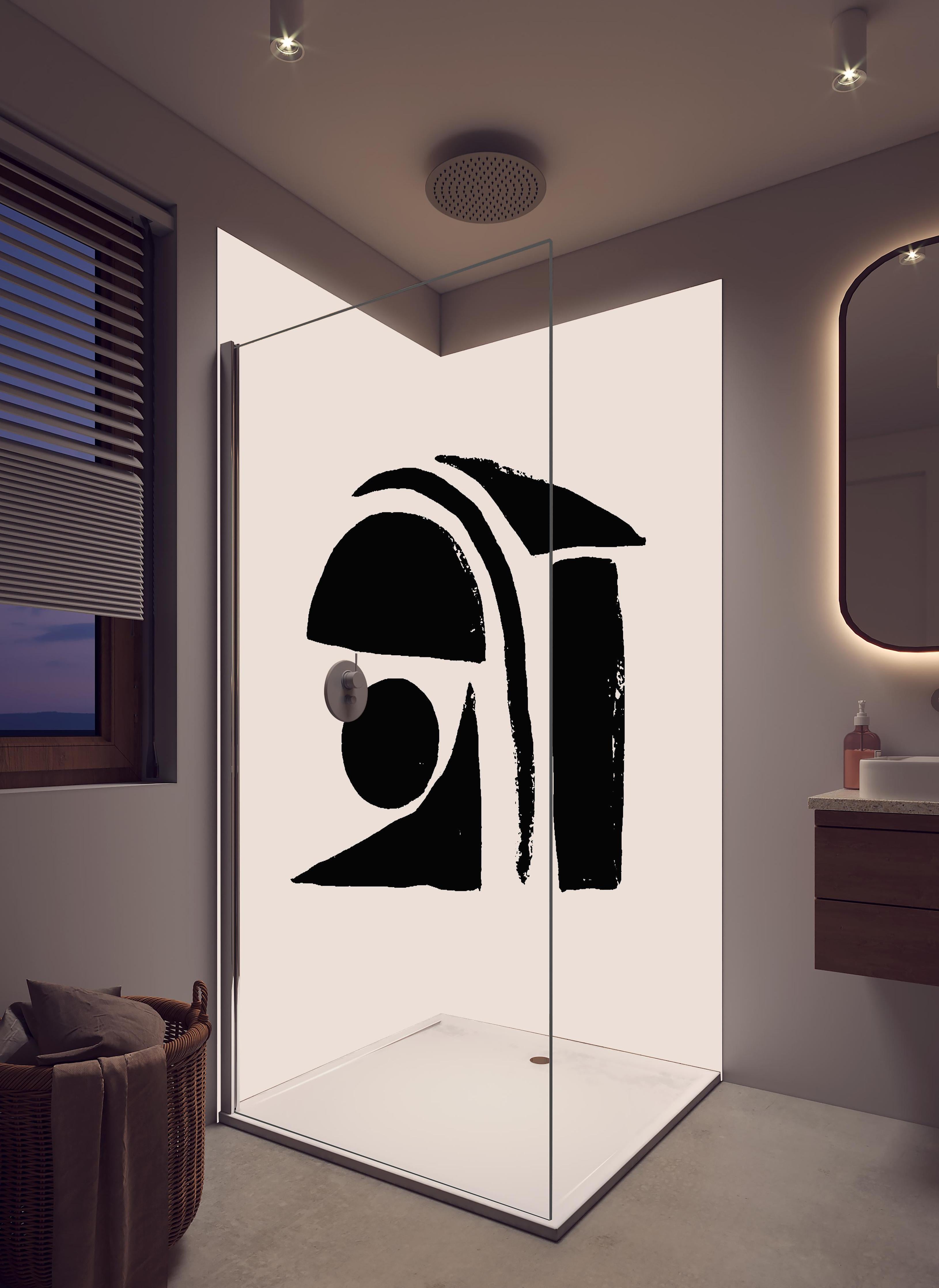 Duschrückwand - Ivory Schwarz Abstract Kunstwerk in hellem Badezimmer mit Regenduschkopf - zweiteilige Eck-Duschrückwand