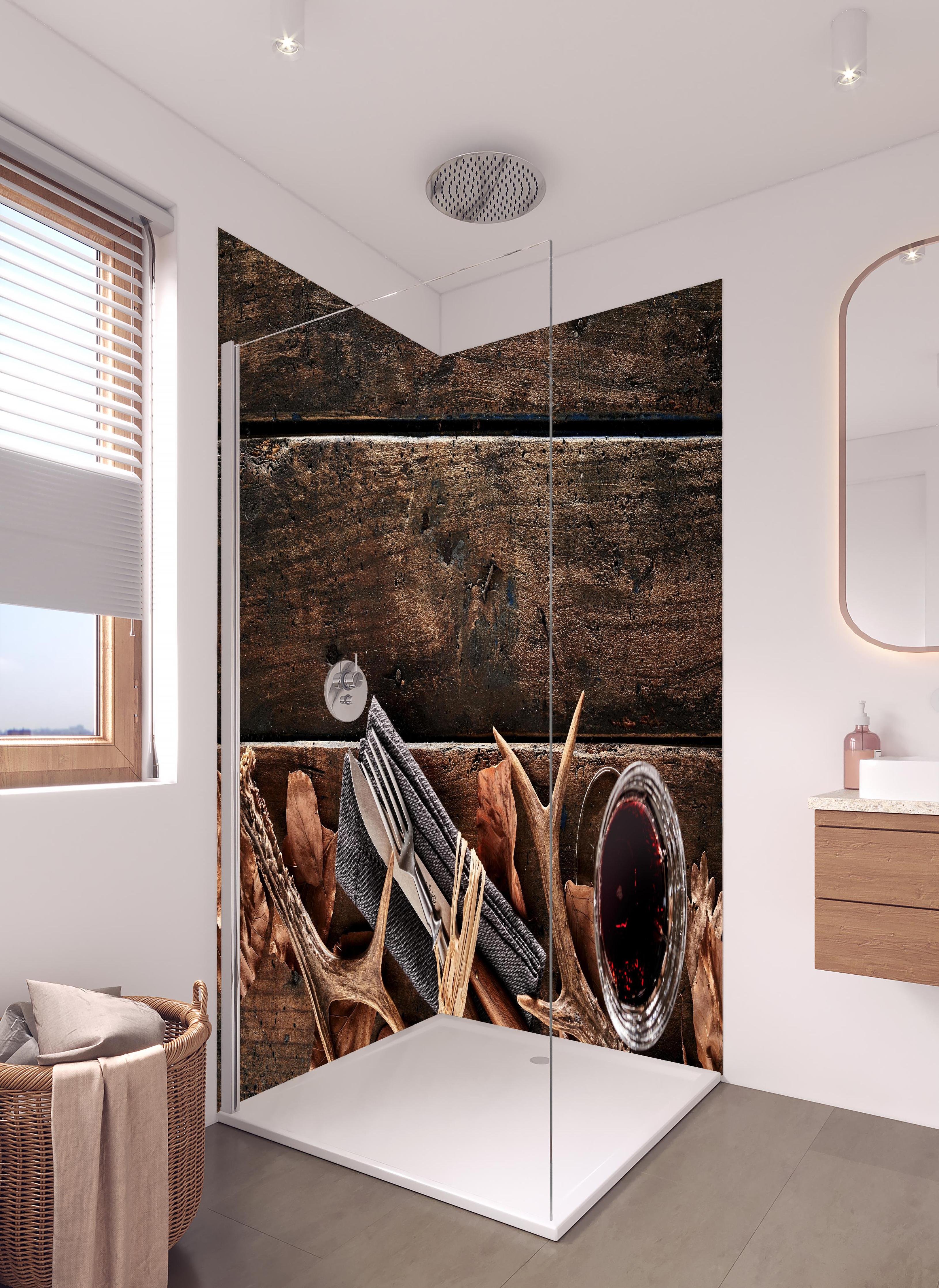 Duschrückwand - Jäger Stillleben in hellem Badezimmer mit Regenduschkopf - zweiteilige Eck-Duschrückwand