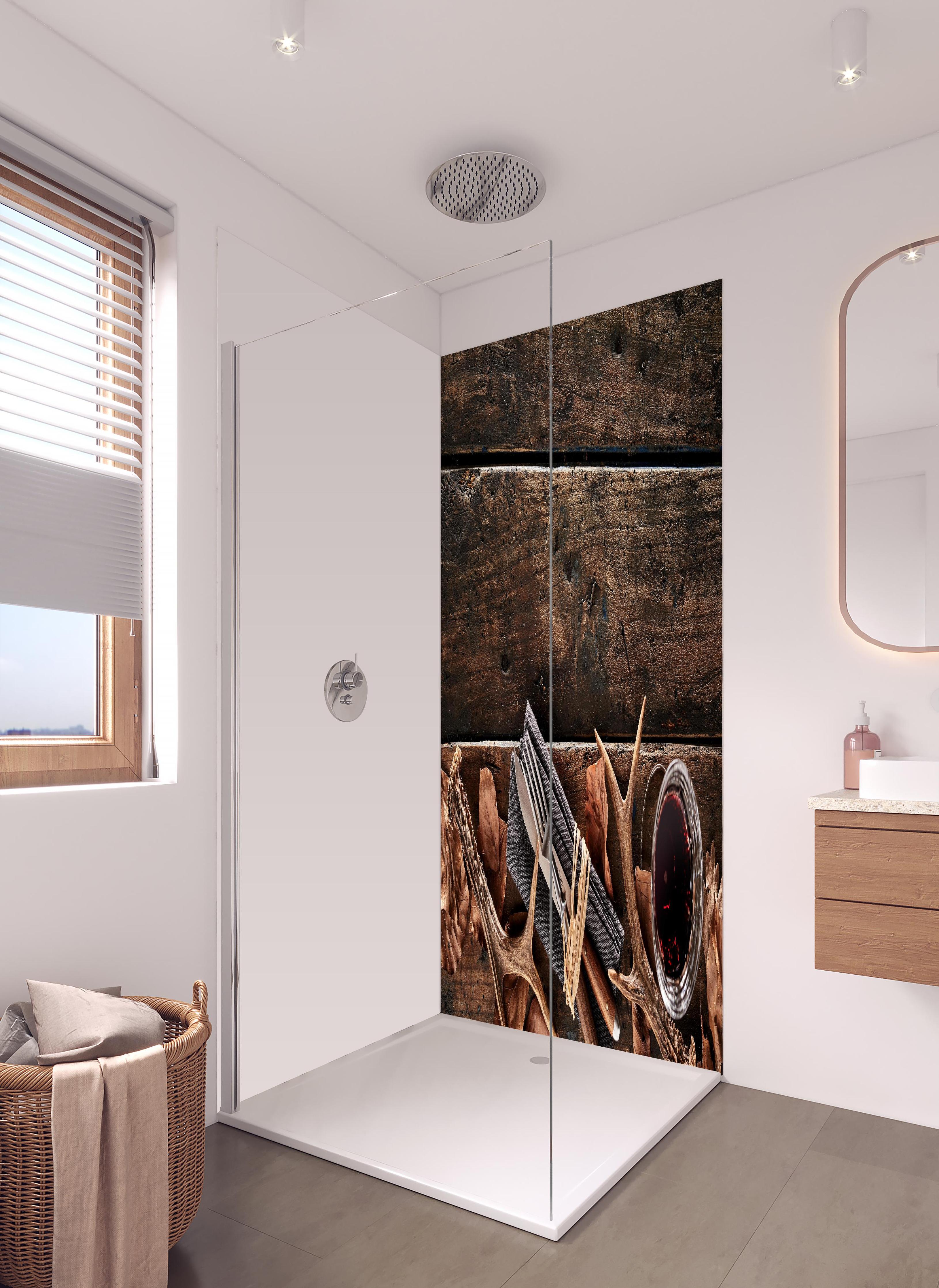 Duschrückwand - Jäger Stillleben in hellem Badezimmer mit Regenduschkopf - zweiteilige Eck-Duschrückwand