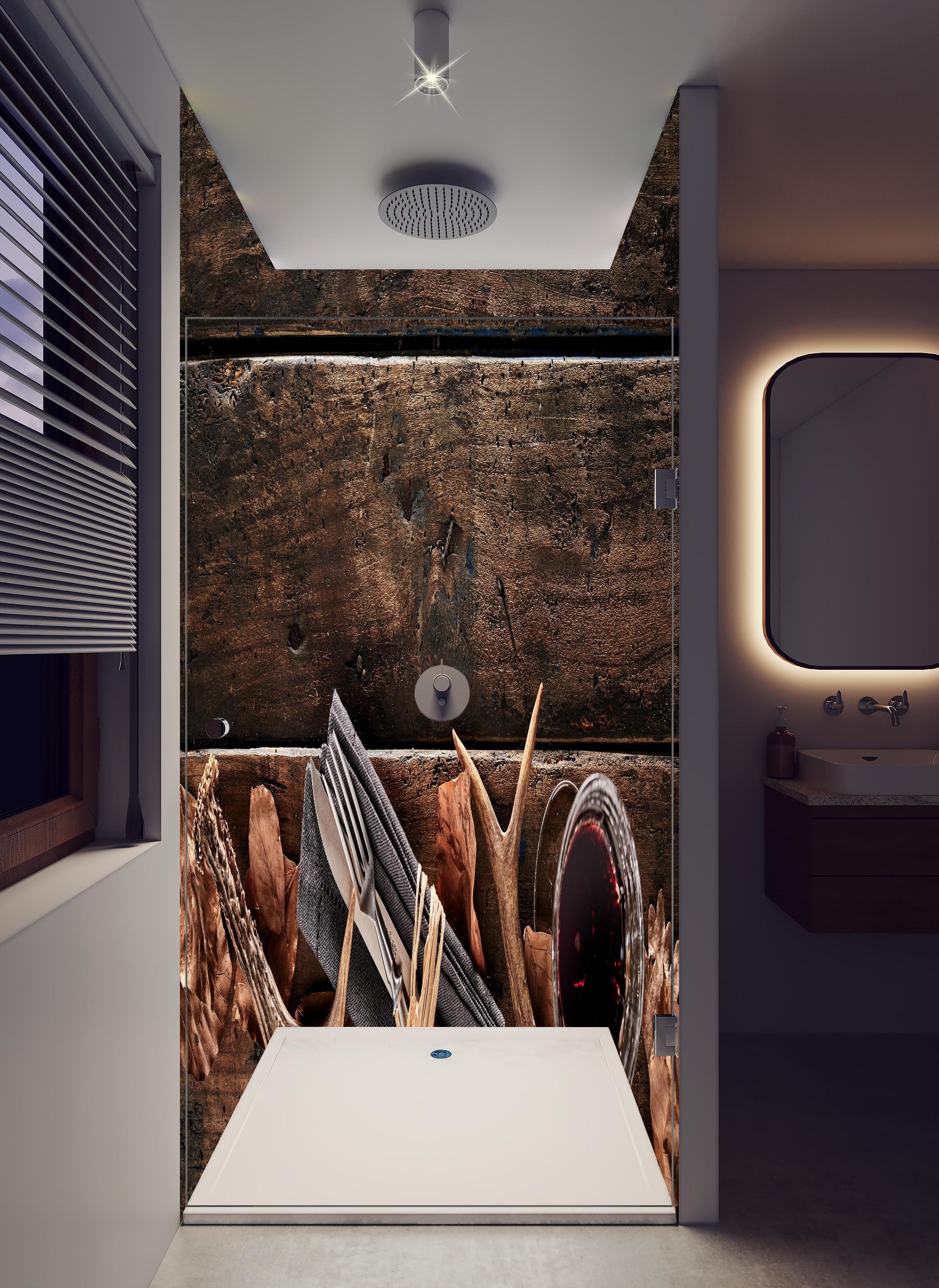 Duschrückwand - Jäger Stillleben in hellem Badezimmer mit Regenduschkopf - zweiteilige Eck-Duschrückwand