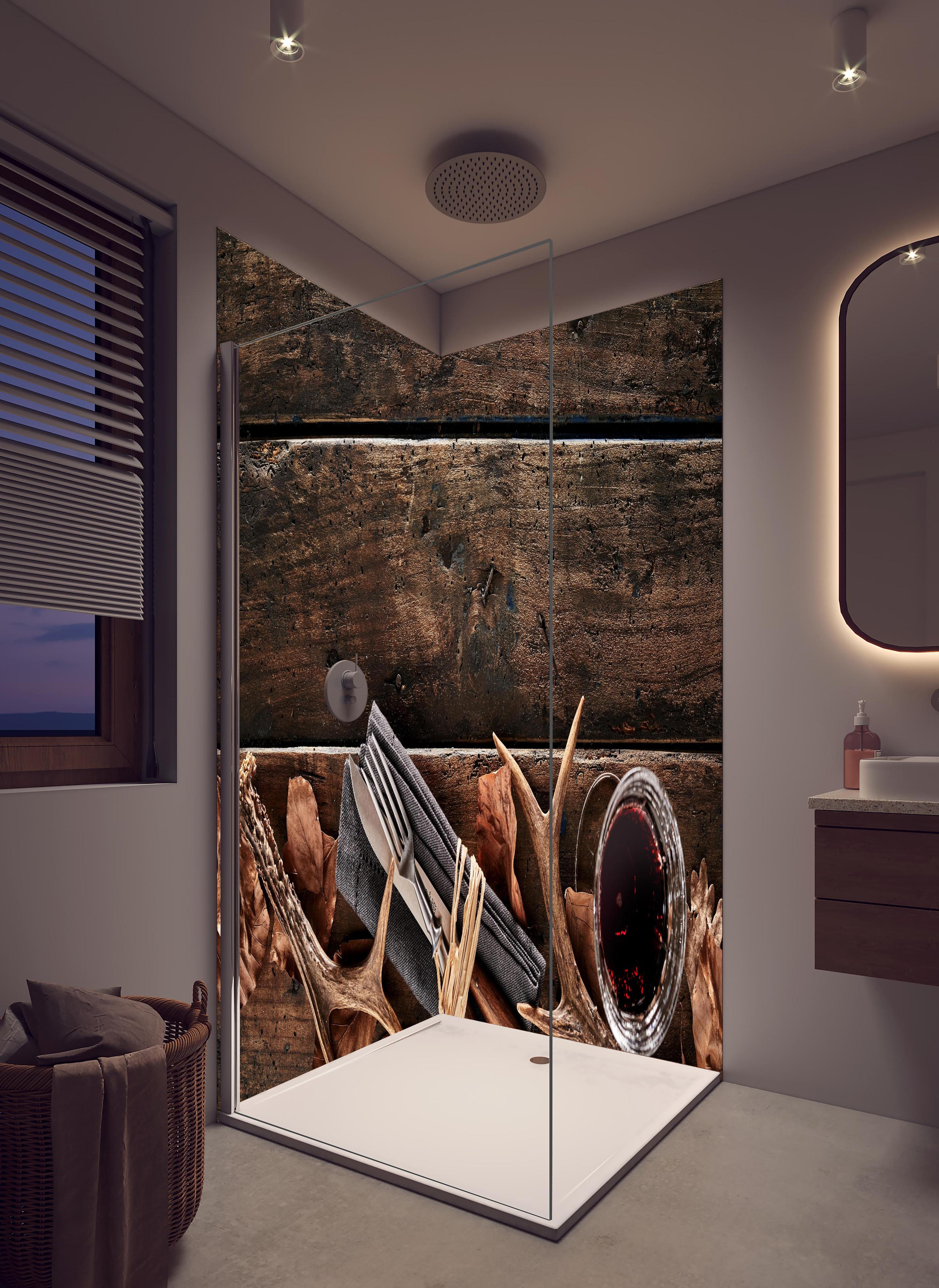 Duschrückwand - Jäger Stillleben in hellem Badezimmer mit Regenduschkopf - zweiteilige Eck-Duschrückwand