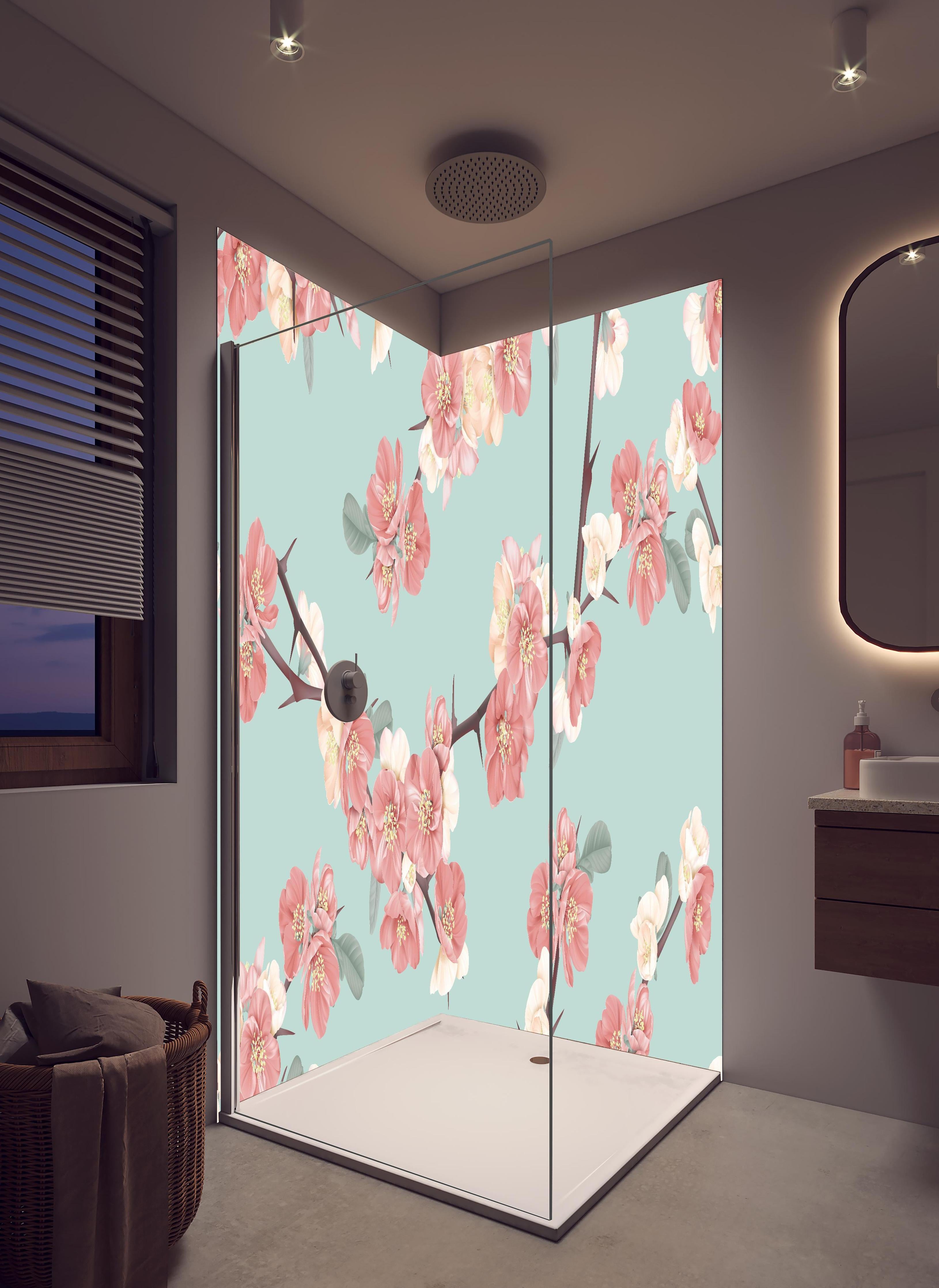 Duschrückwand - Japanische Quitten Blumen Muster Pastellblau in hellem Badezimmer mit Regenduschkopf - zweiteilige Eck-Duschrückwand