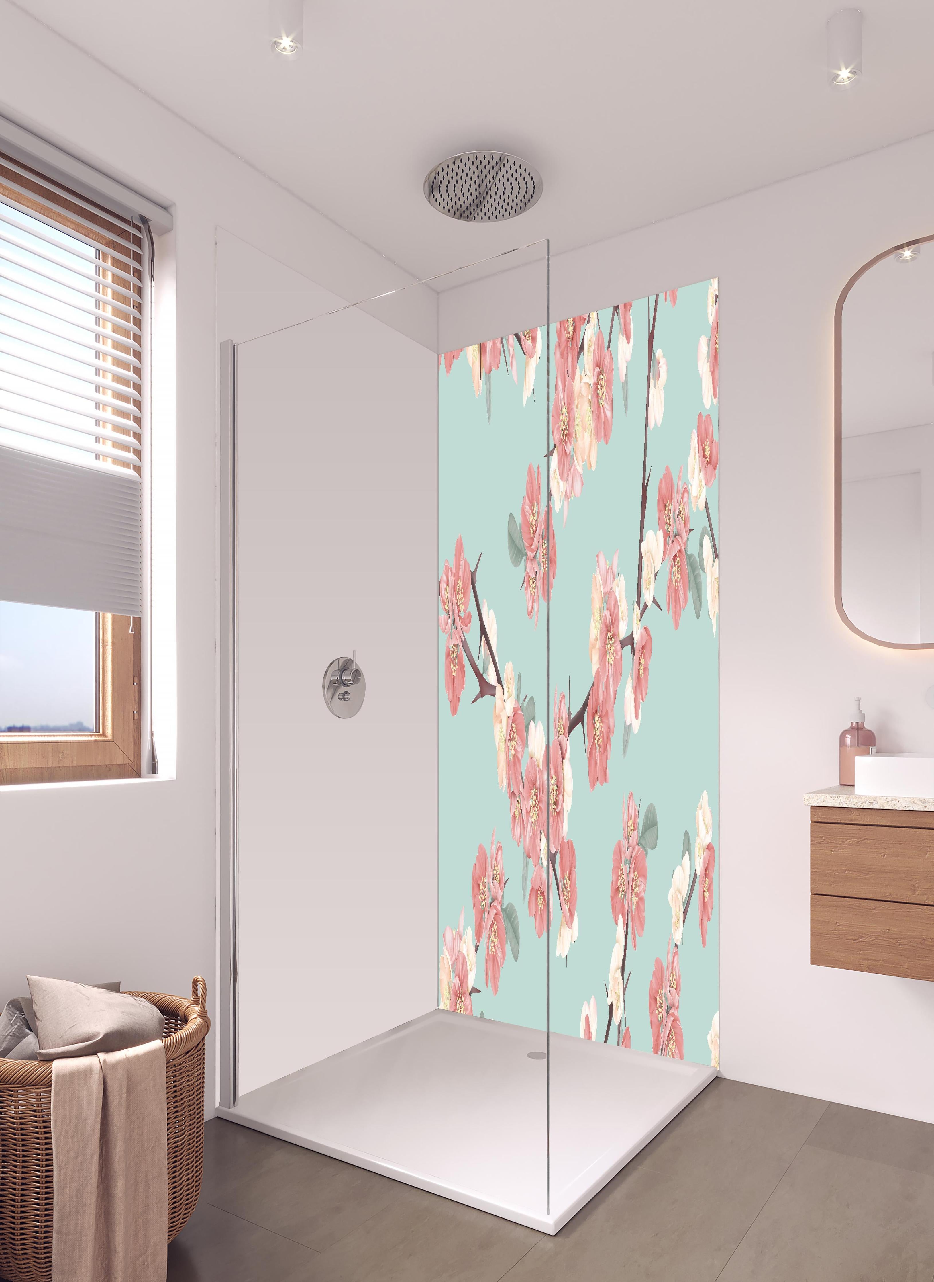 Duschrückwand - Japanische Quittenblüte auf Pastellblau in hellem Badezimmer mit Regenduschkopf - zweiteilige Eck-Duschrückwand