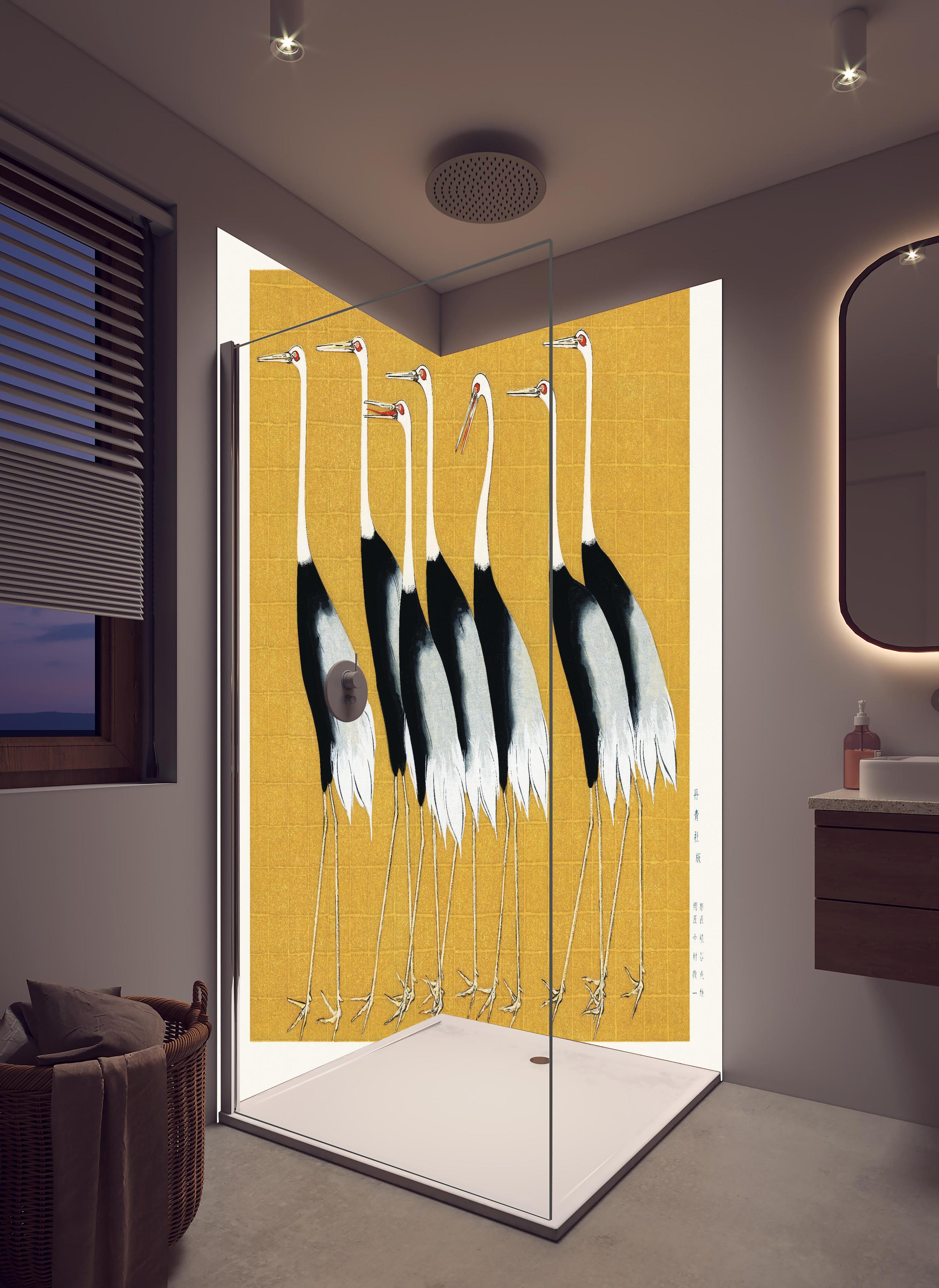 Duschrückwand - Japanischer Mandschurenkranich - Gold in hellem Badezimmer mit Regenduschkopf - zweiteilige Eck-Duschrückwand