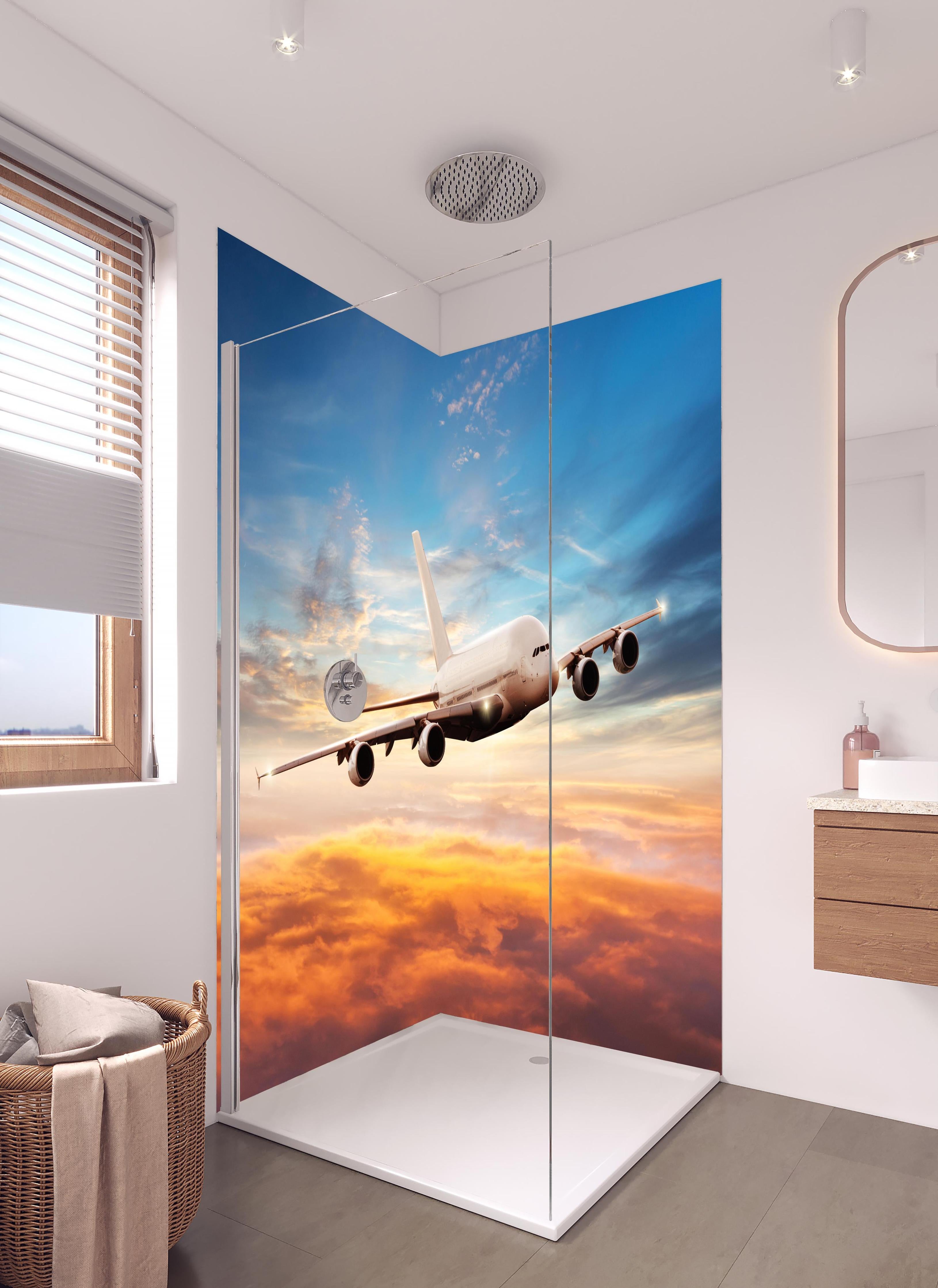 Duschrückwand - Jet im Sonnenuntergang über Wolken in hellem Badezimmer mit Regenduschkopf - zweiteilige Eck-Duschrückwand