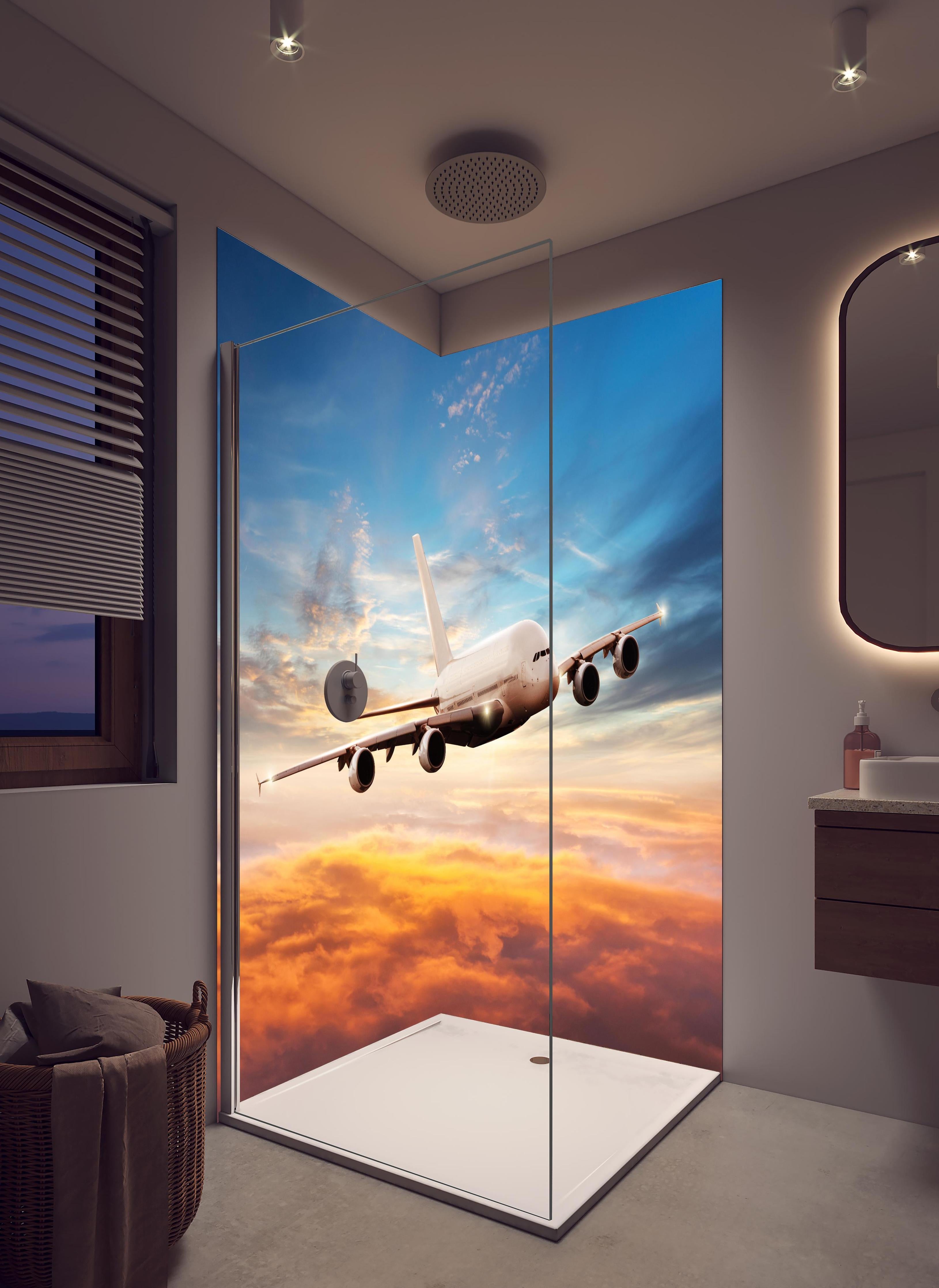 Duschrückwand - Jet im Sonnenuntergang über Wolken in hellem Badezimmer mit Regenduschkopf - zweiteilige Eck-Duschrückwand