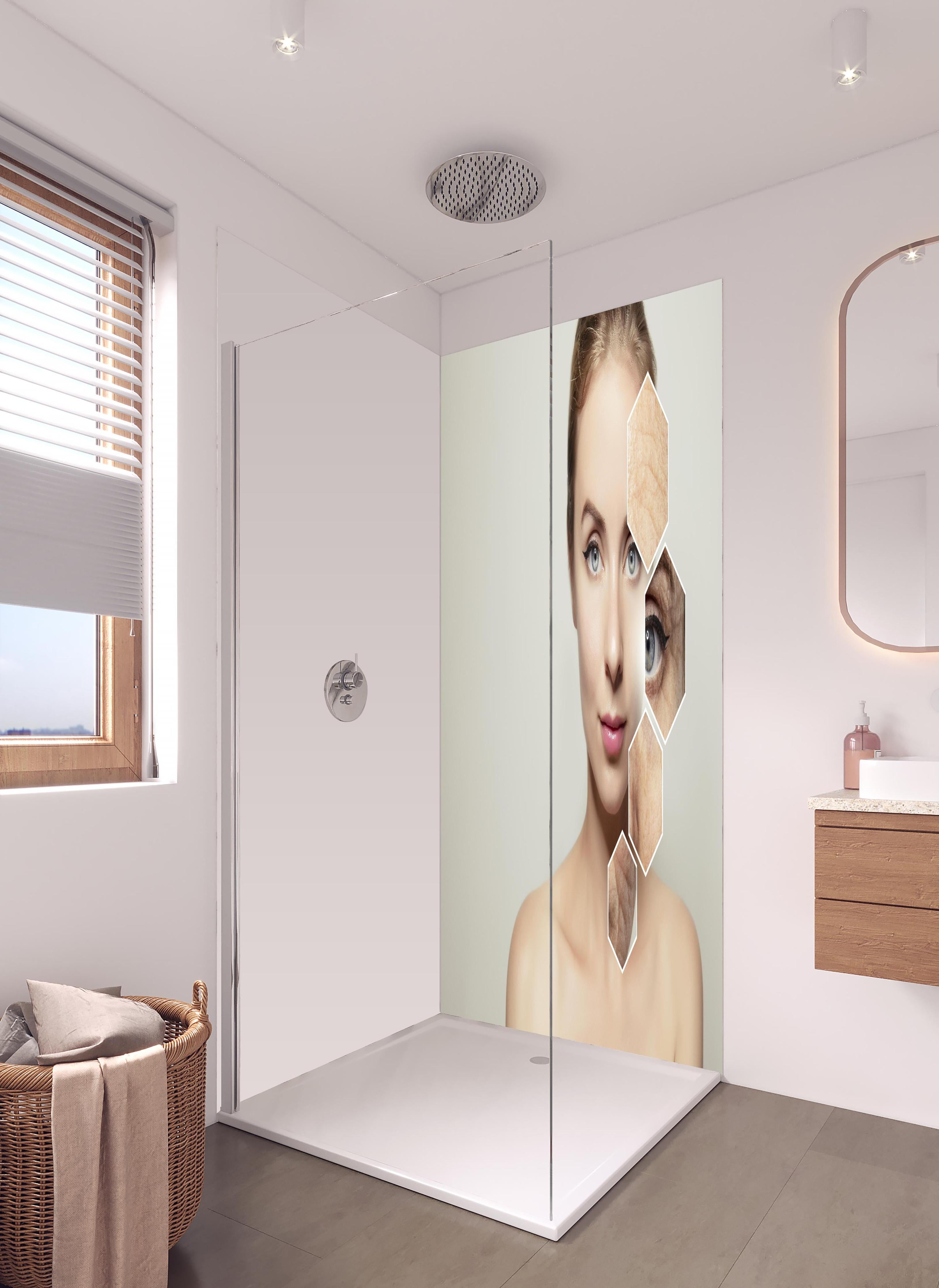 Duschrückwand - Junge Frau mit Grafikelementen alter Haut in hellem Badezimmer mit Regenduschkopf - zweiteilige Eck-Duschrückwand