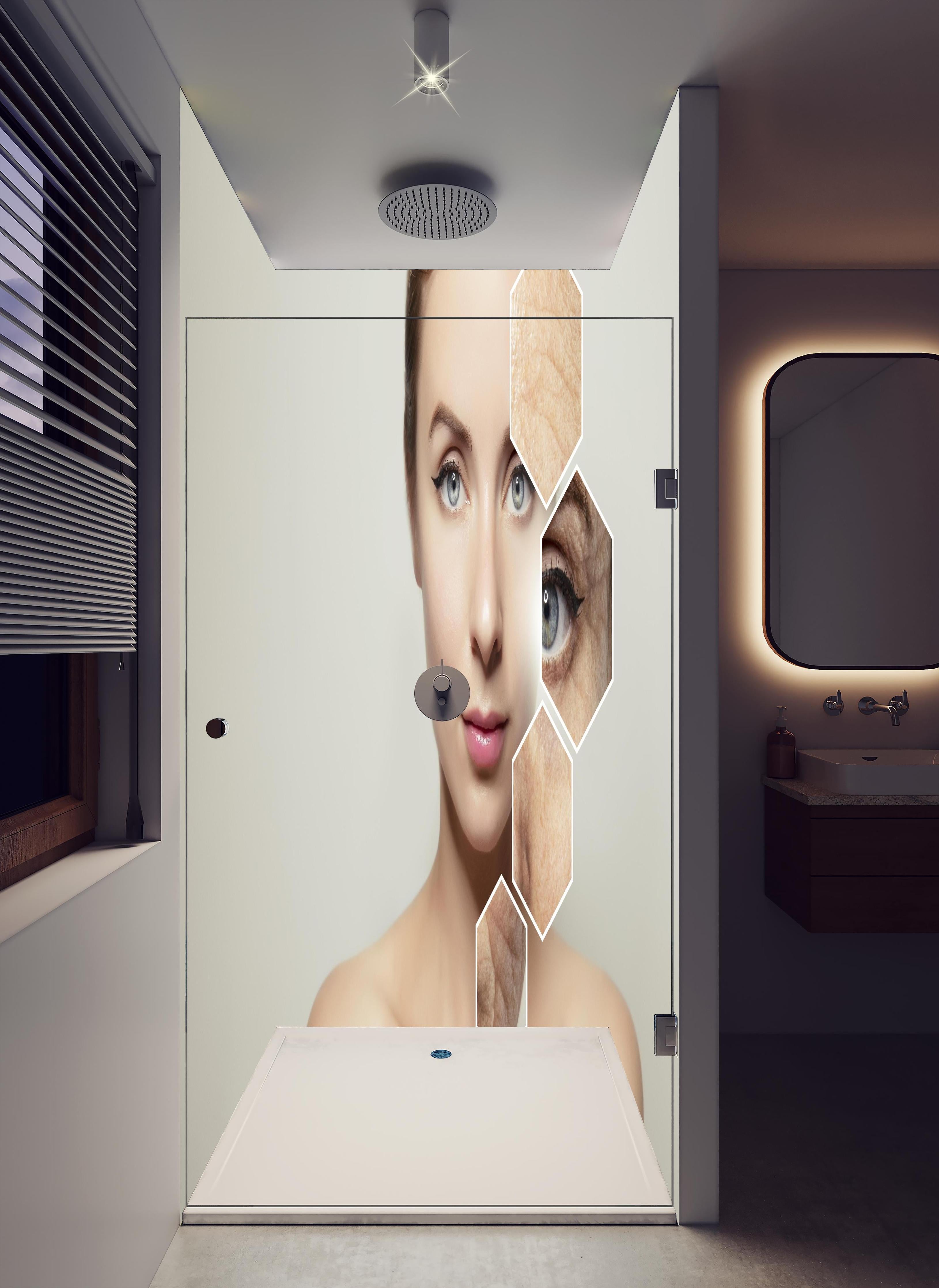 Duschrückwand - Junge Frau mit Grafikelementen alter Haut in hellem Badezimmer mit Regenduschkopf - zweiteilige Eck-Duschrückwand