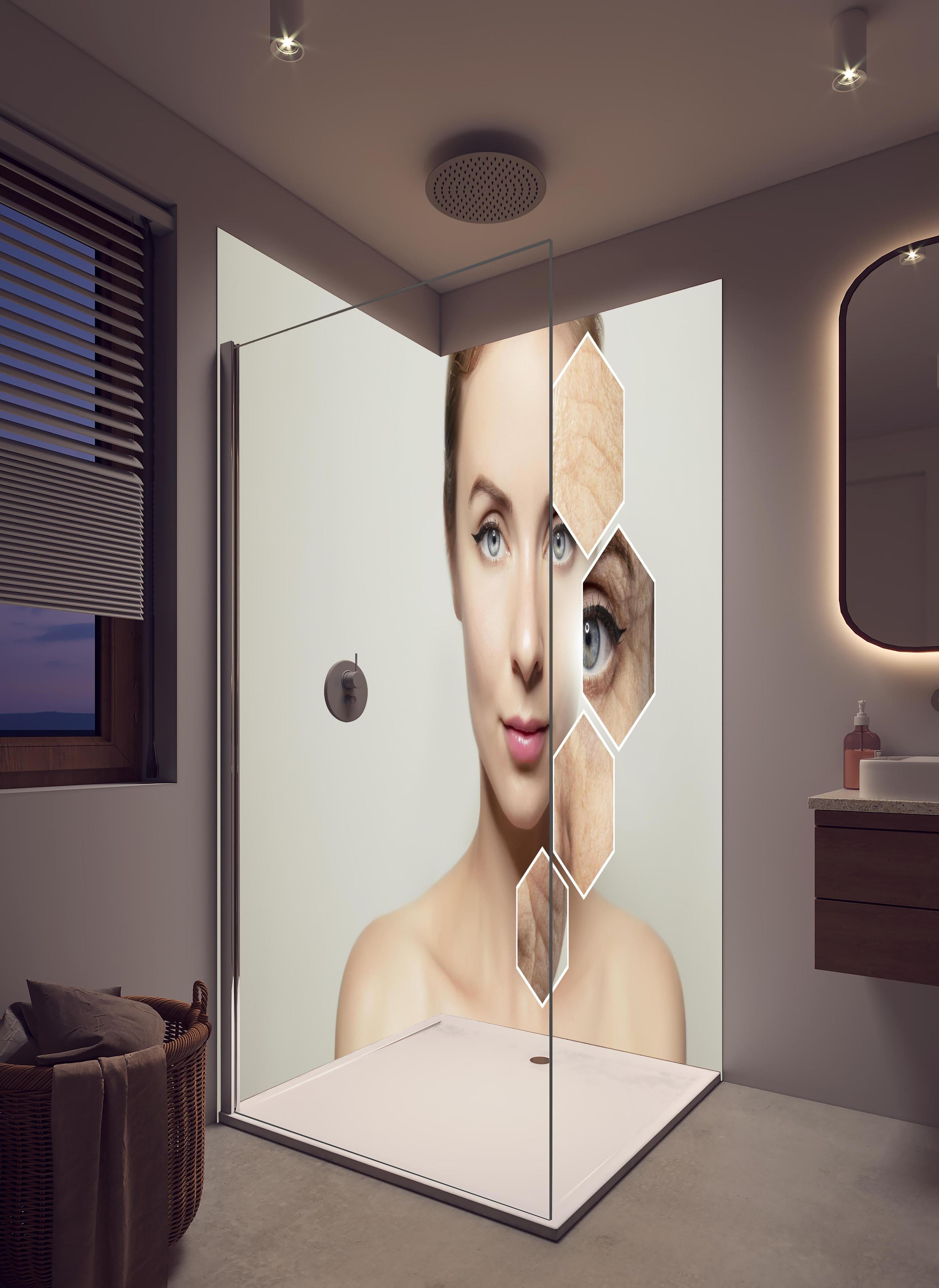 Duschrückwand - Junge Frau mit Grafikelementen alter Haut in hellem Badezimmer mit Regenduschkopf - zweiteilige Eck-Duschrückwand