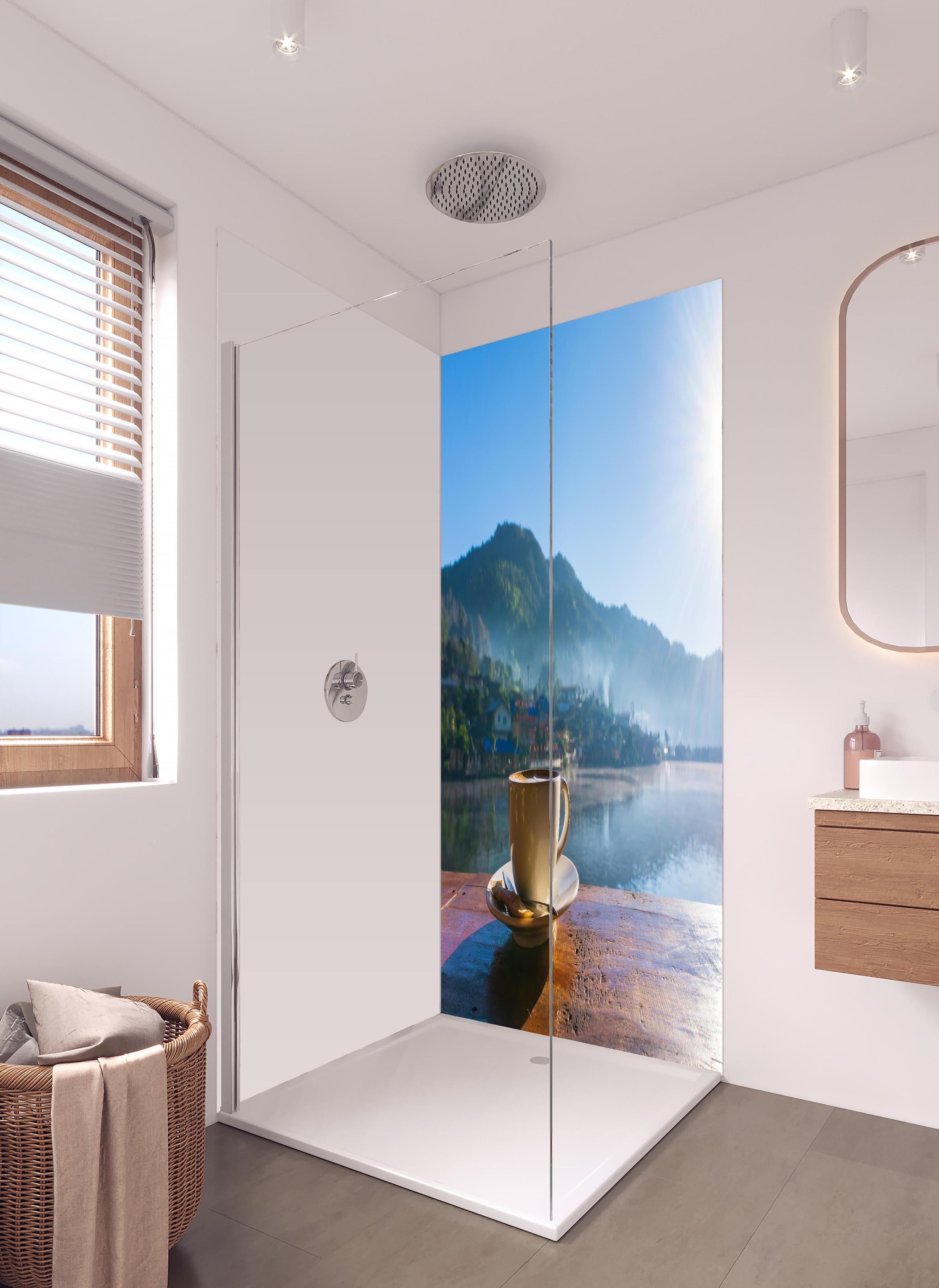 Duschrückwand - Kaffee mit schöner See Aussicht am Morgen in hellem Badezimmer mit Regenduschkopf - zweiteilige Eck-Duschrückwand