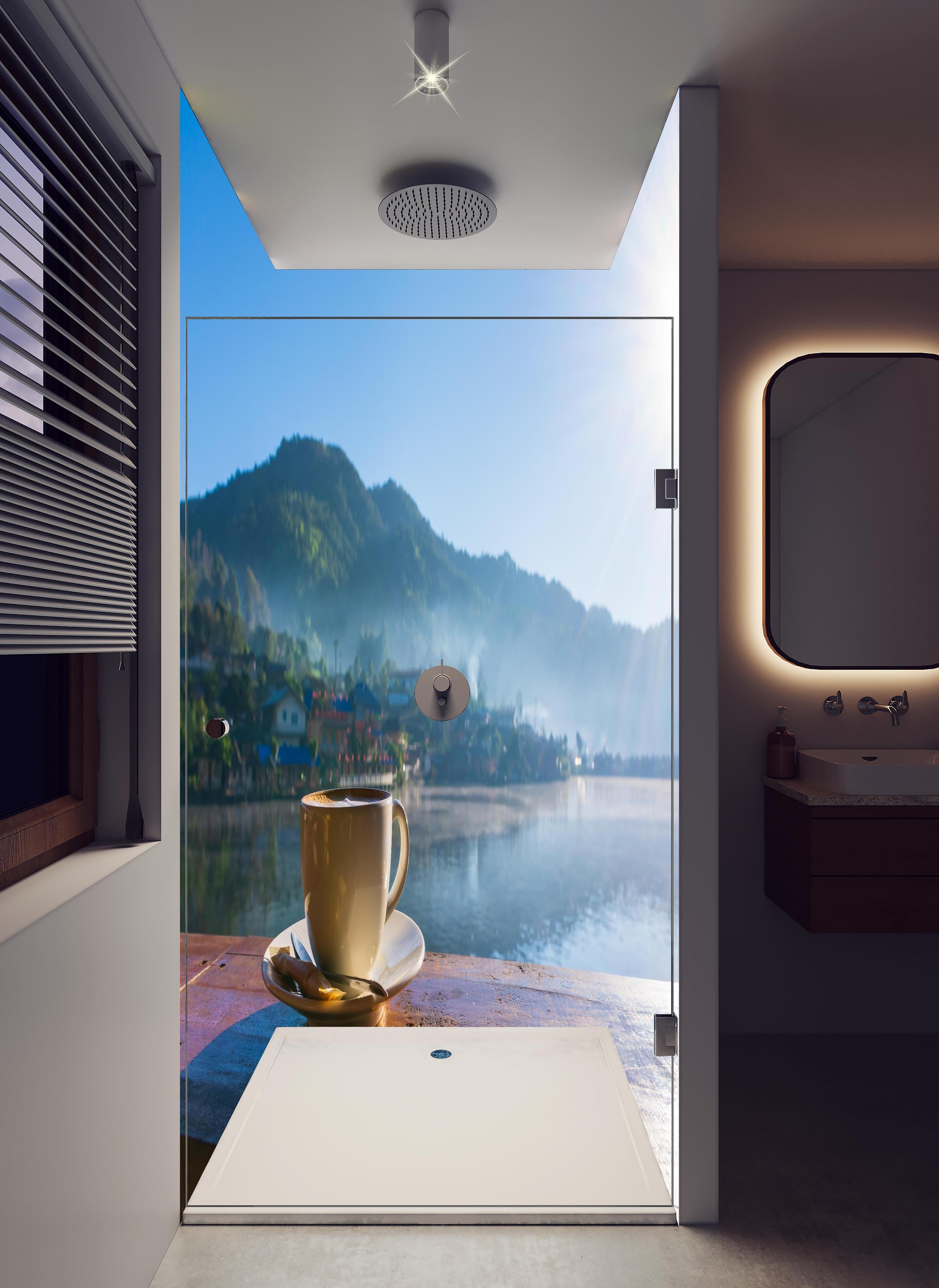 Duschrückwand - Kaffee mit schöner See Aussicht am Morgen in hellem Badezimmer mit Regenduschkopf - zweiteilige Eck-Duschrückwand