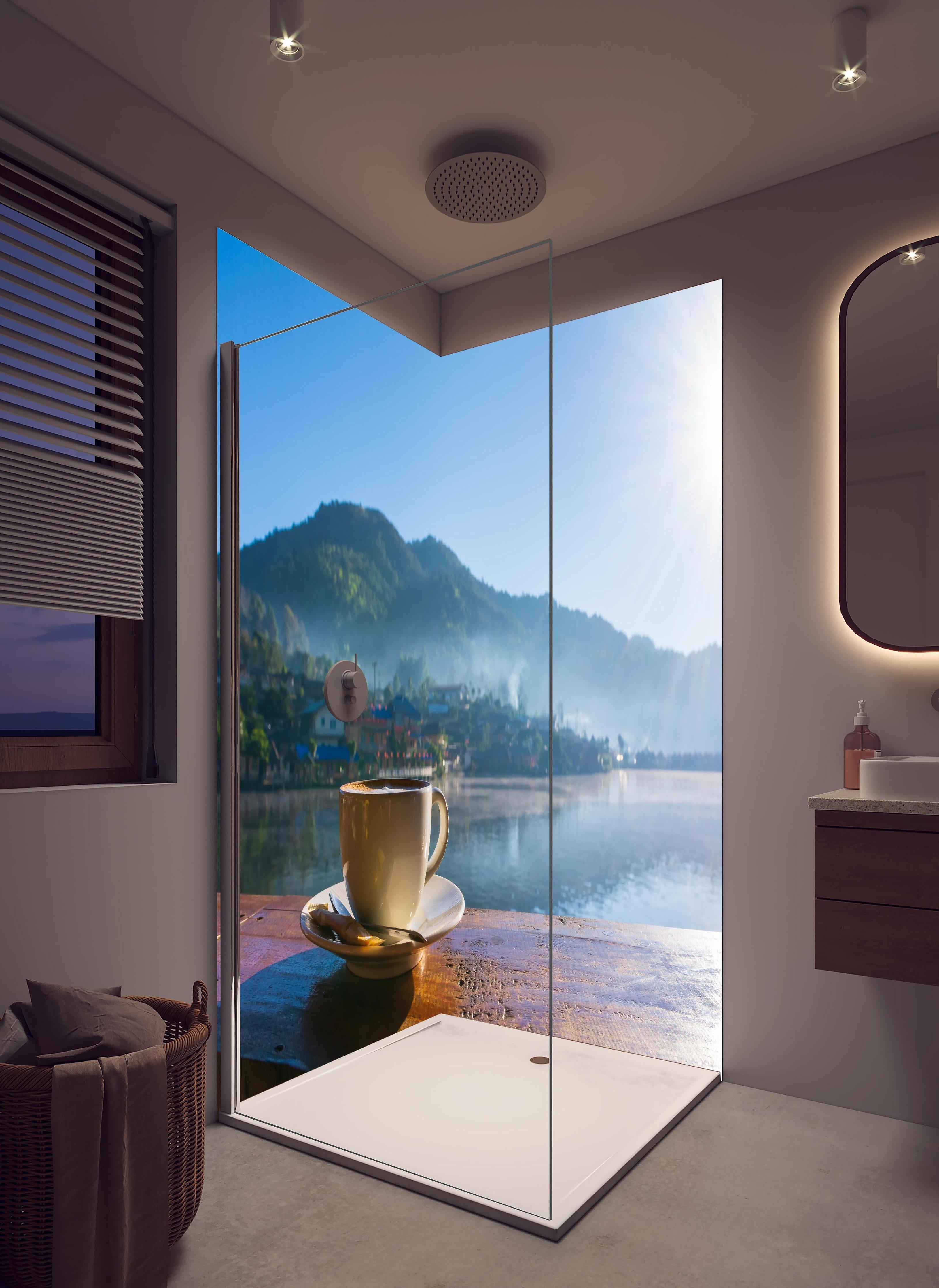 Duschrückwand - Kaffee mit schöner See Aussicht am Morgen in hellem Badezimmer mit Regenduschkopf - zweiteilige Eck-Duschrückwand
