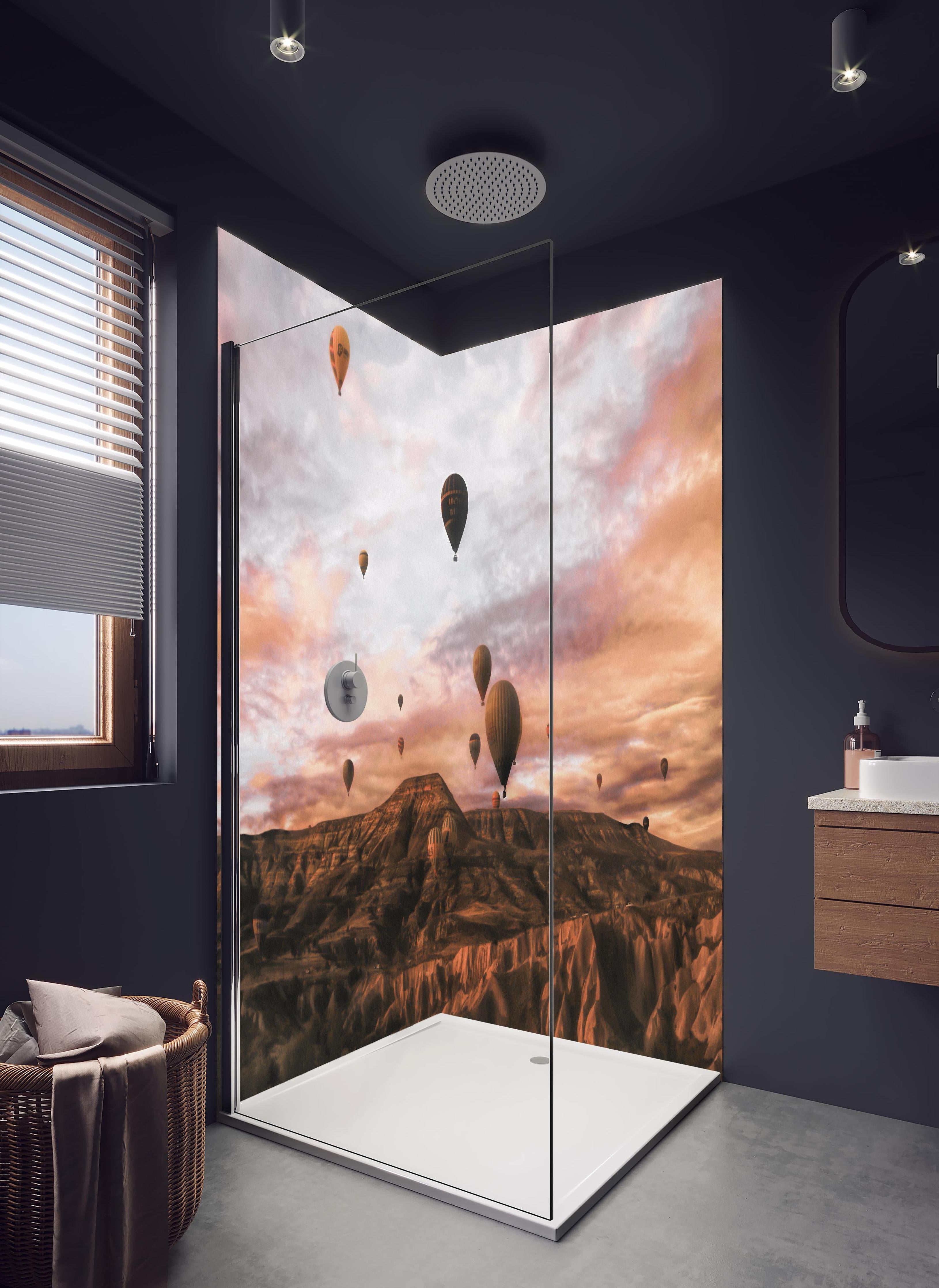 Duschrückwand - Kappadokien - Heißluft Ballons in hellem Badezimmer mit Regenduschkopf - zweiteilige Eck-Duschrückwand