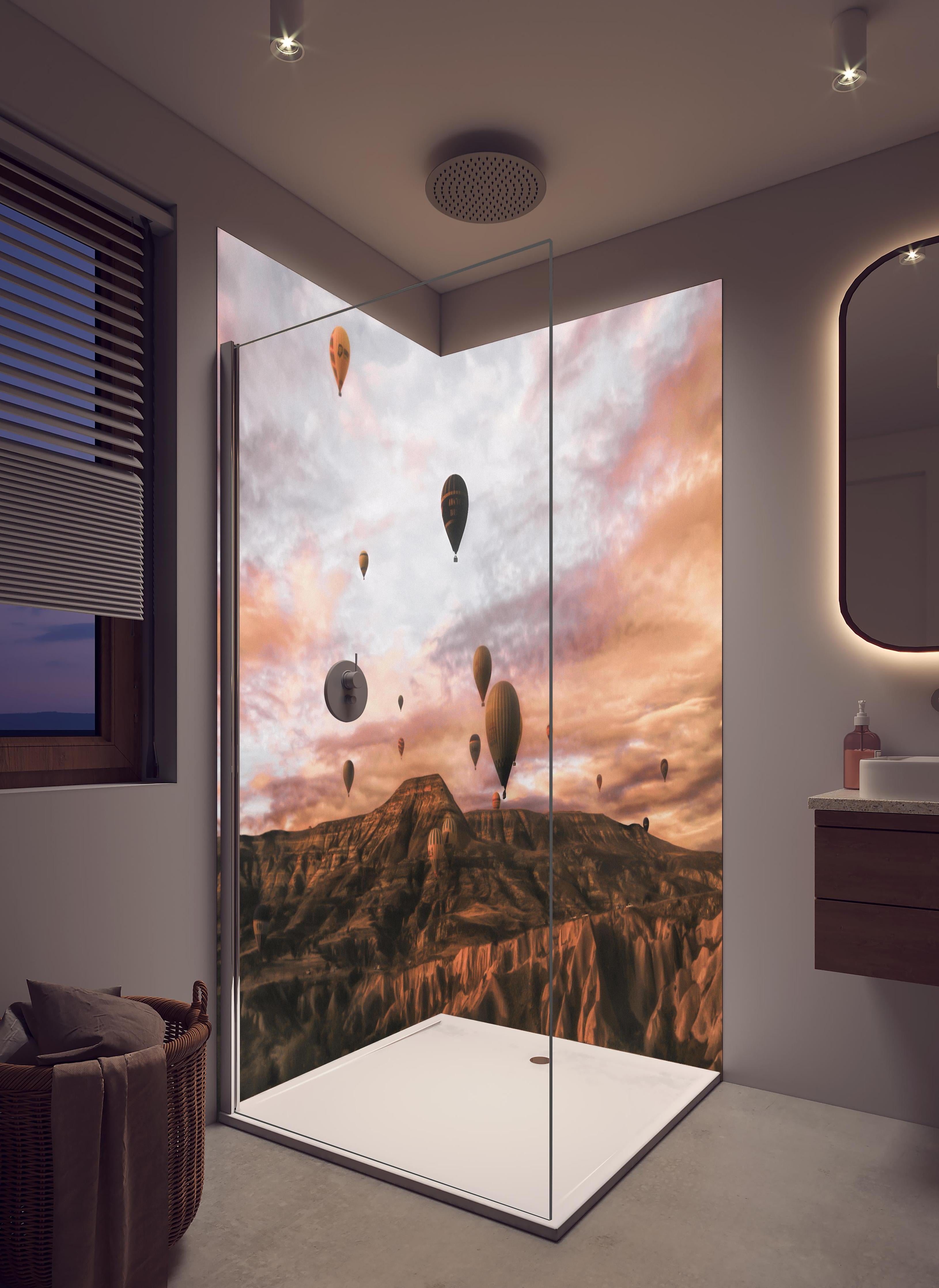 Duschrückwand - Kappadokien - Heißluft Ballons in hellem Badezimmer mit Regenduschkopf - zweiteilige Eck-Duschrückwand