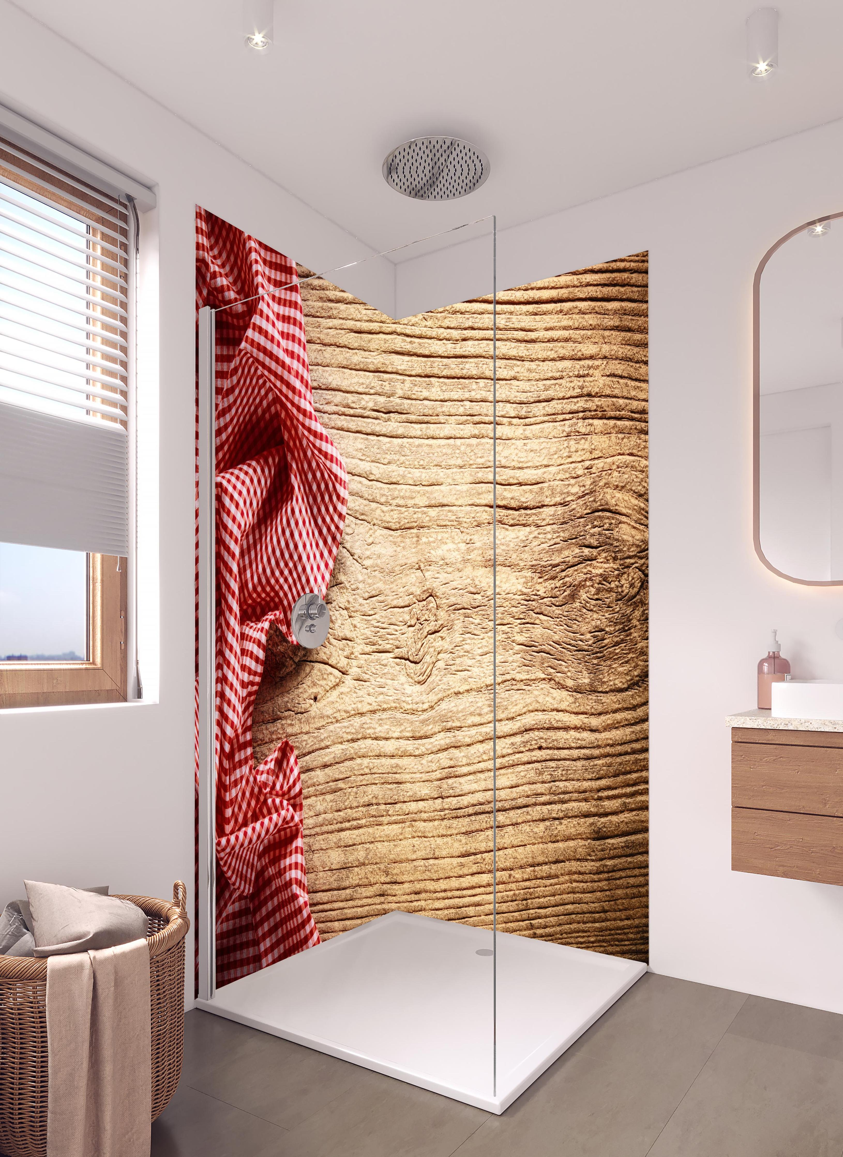 Duschrückwand - Kariertes Tischtuch auf Holztisch in hellem Badezimmer mit Regenduschkopf - zweiteilige Eck-Duschrückwand