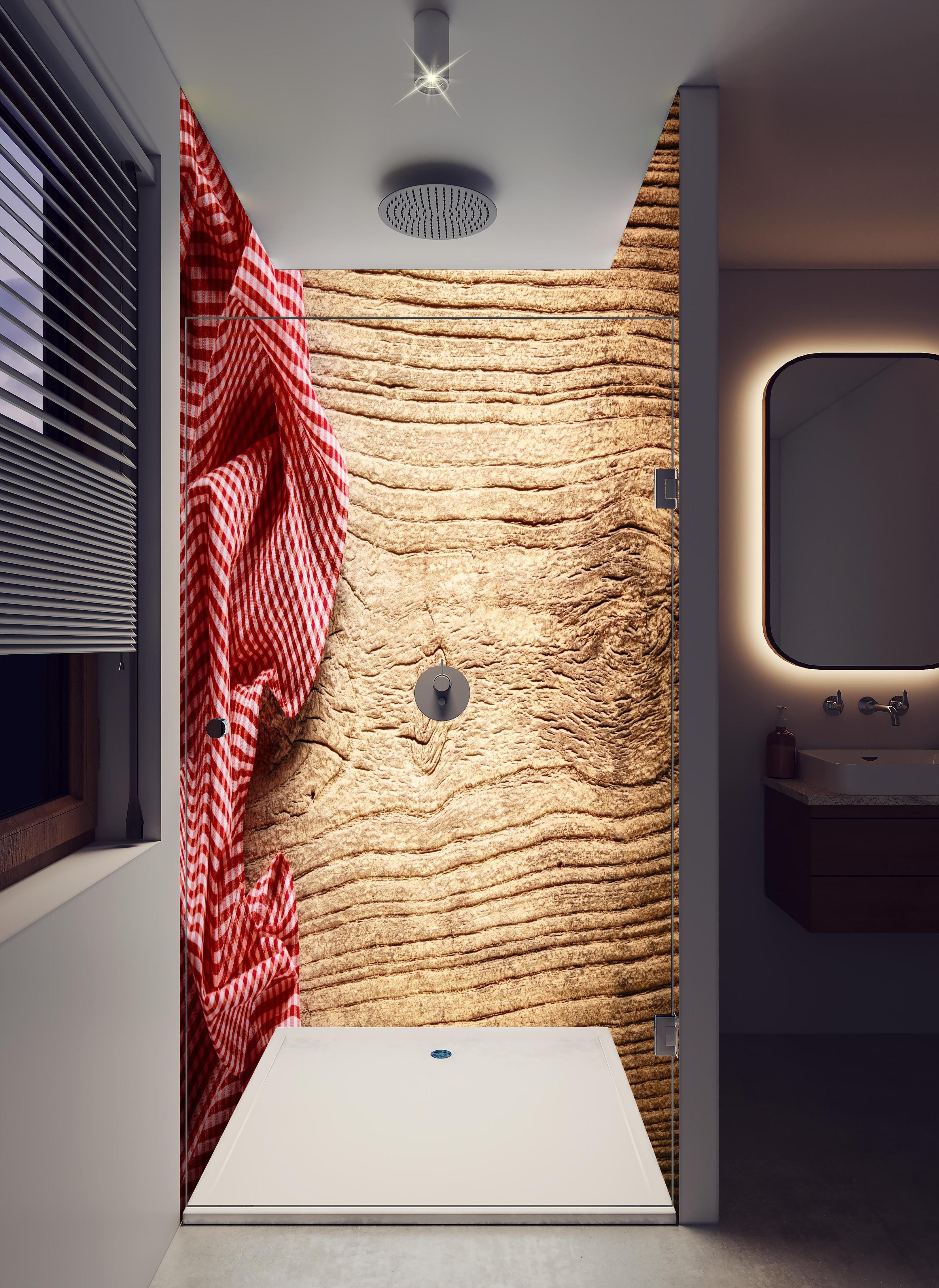 Duschrückwand - Kariertes Tischtuch auf Holztisch in hellem Badezimmer mit Regenduschkopf - zweiteilige Eck-Duschrückwand