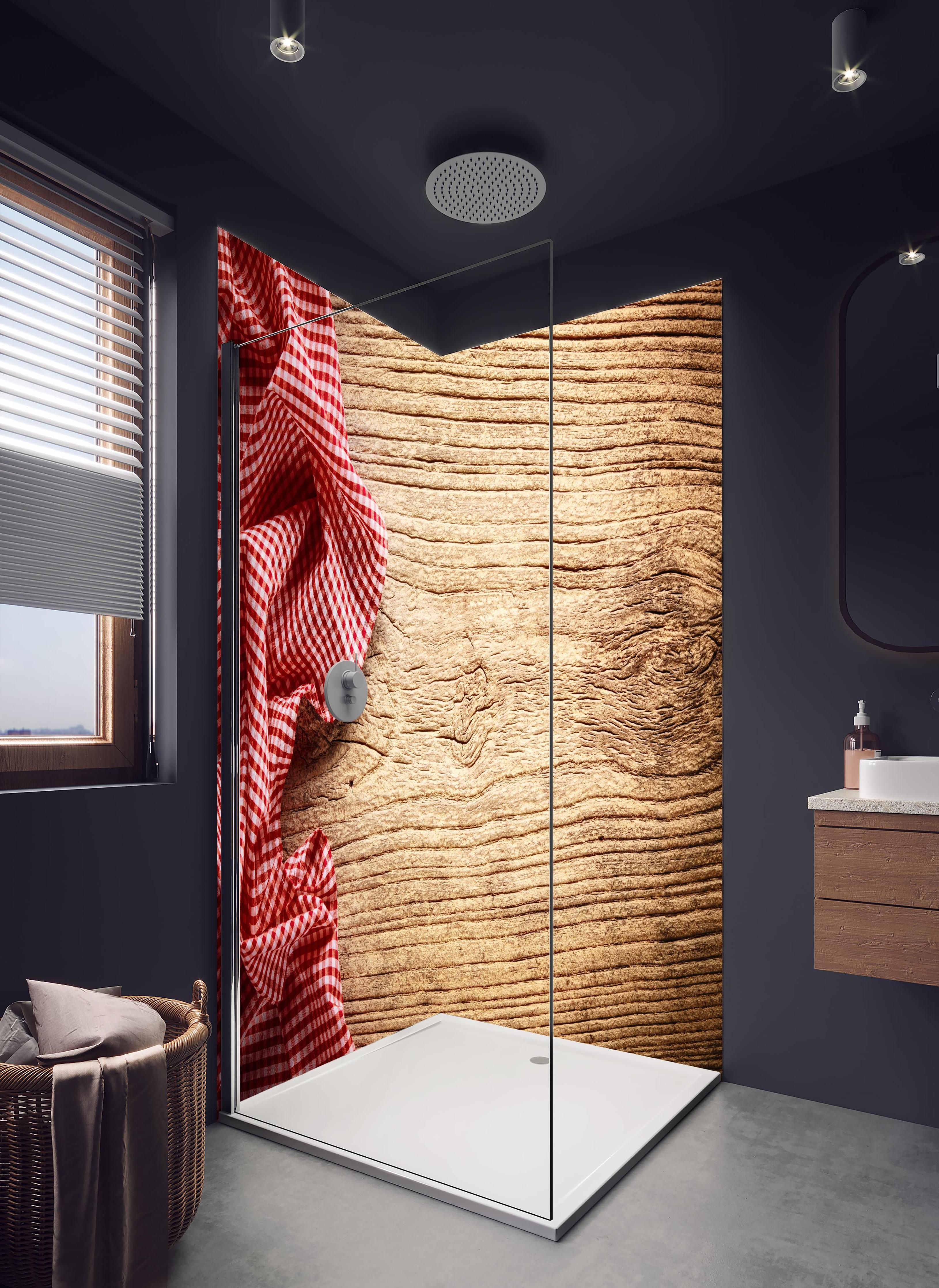 Duschrückwand - Kariertes Tischtuch auf Holztisch in hellem Badezimmer mit Regenduschkopf - zweiteilige Eck-Duschrückwand