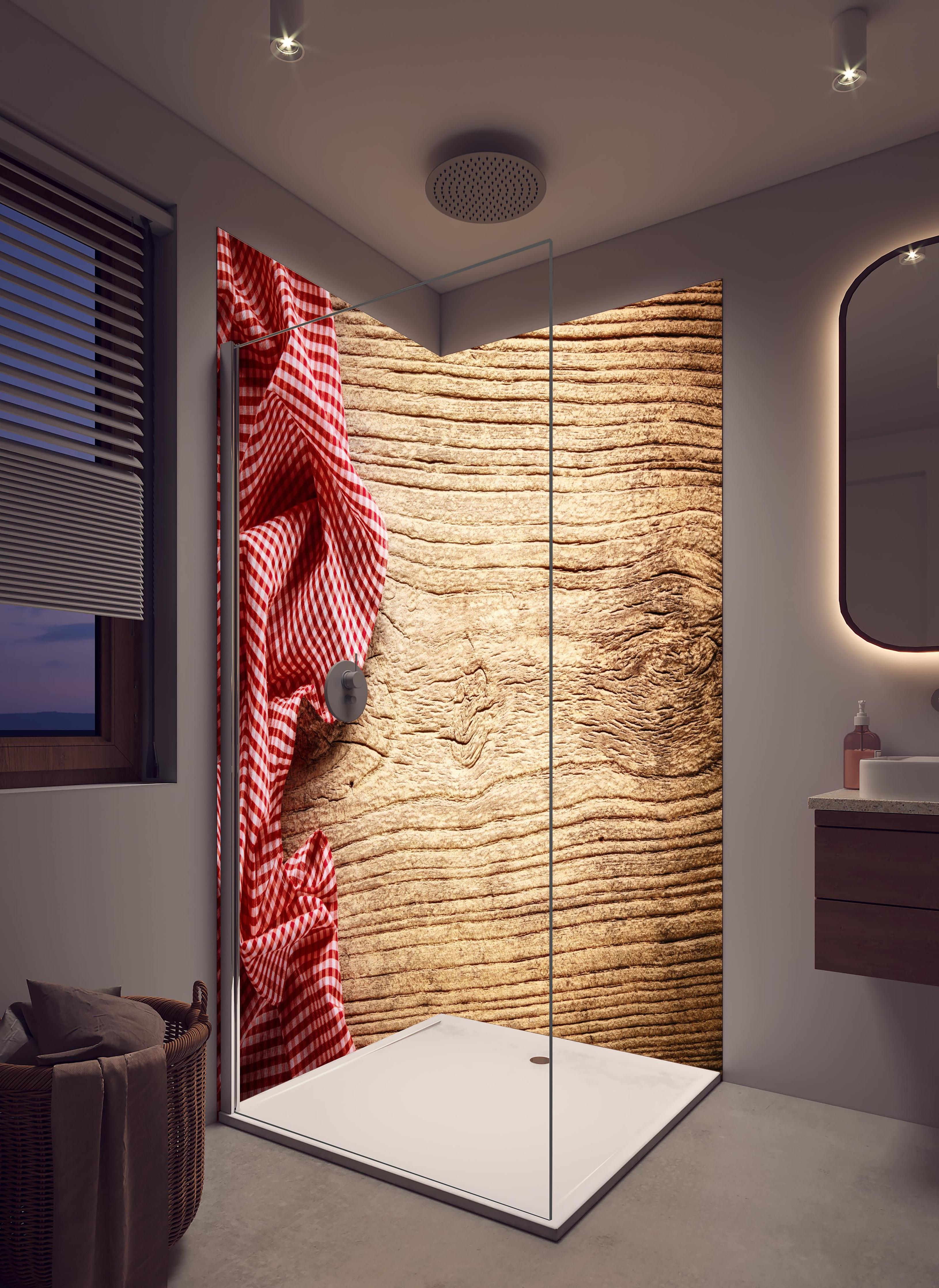 Duschrückwand - Kariertes Tischtuch auf Holztisch in hellem Badezimmer mit Regenduschkopf - zweiteilige Eck-Duschrückwand