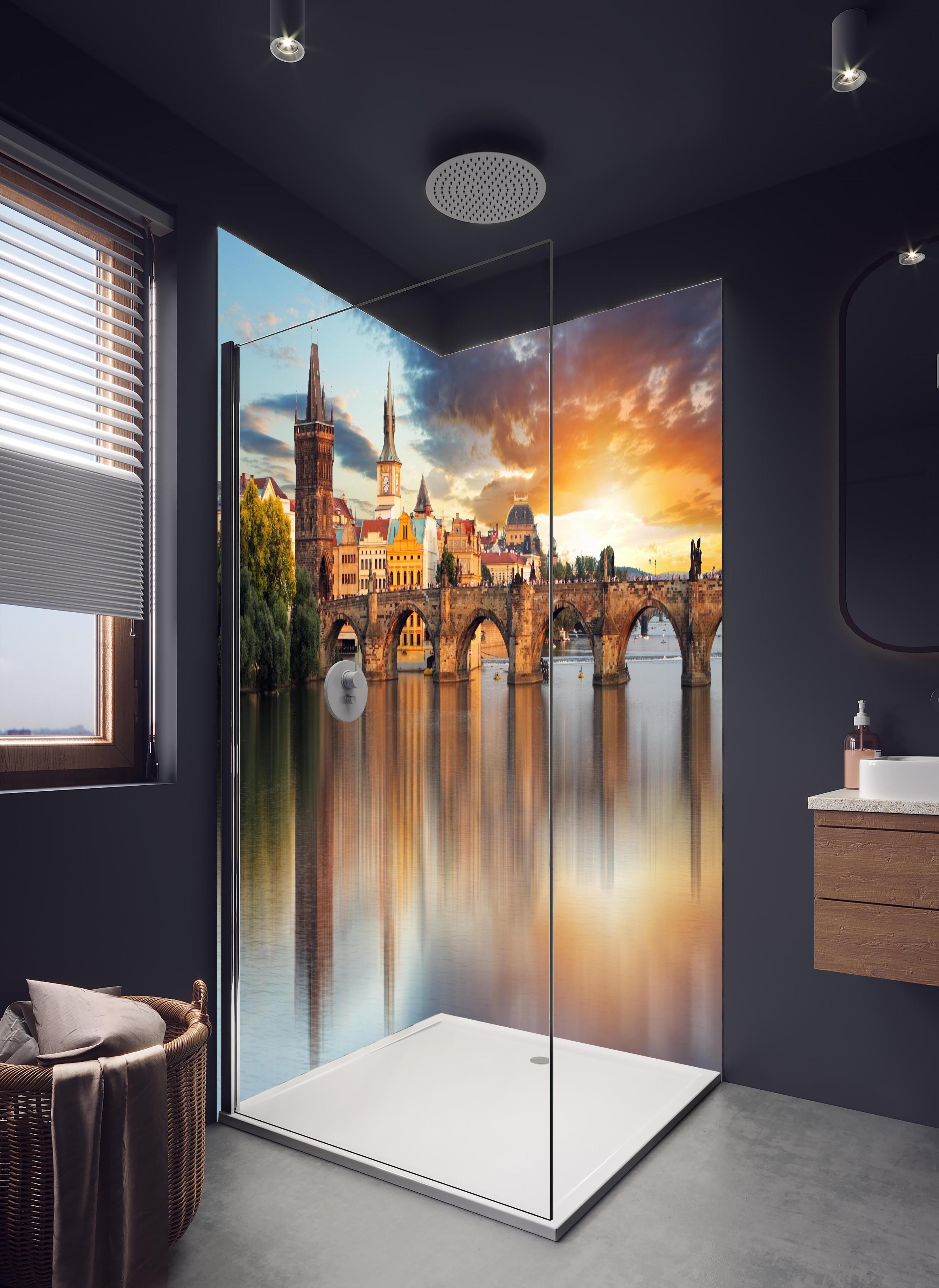 Duschrückwand - Karlsbrücke in Prag bei Sonnenuntergang in hellem Badezimmer mit Regenduschkopf - zweiteilige Eck-Duschrückwand