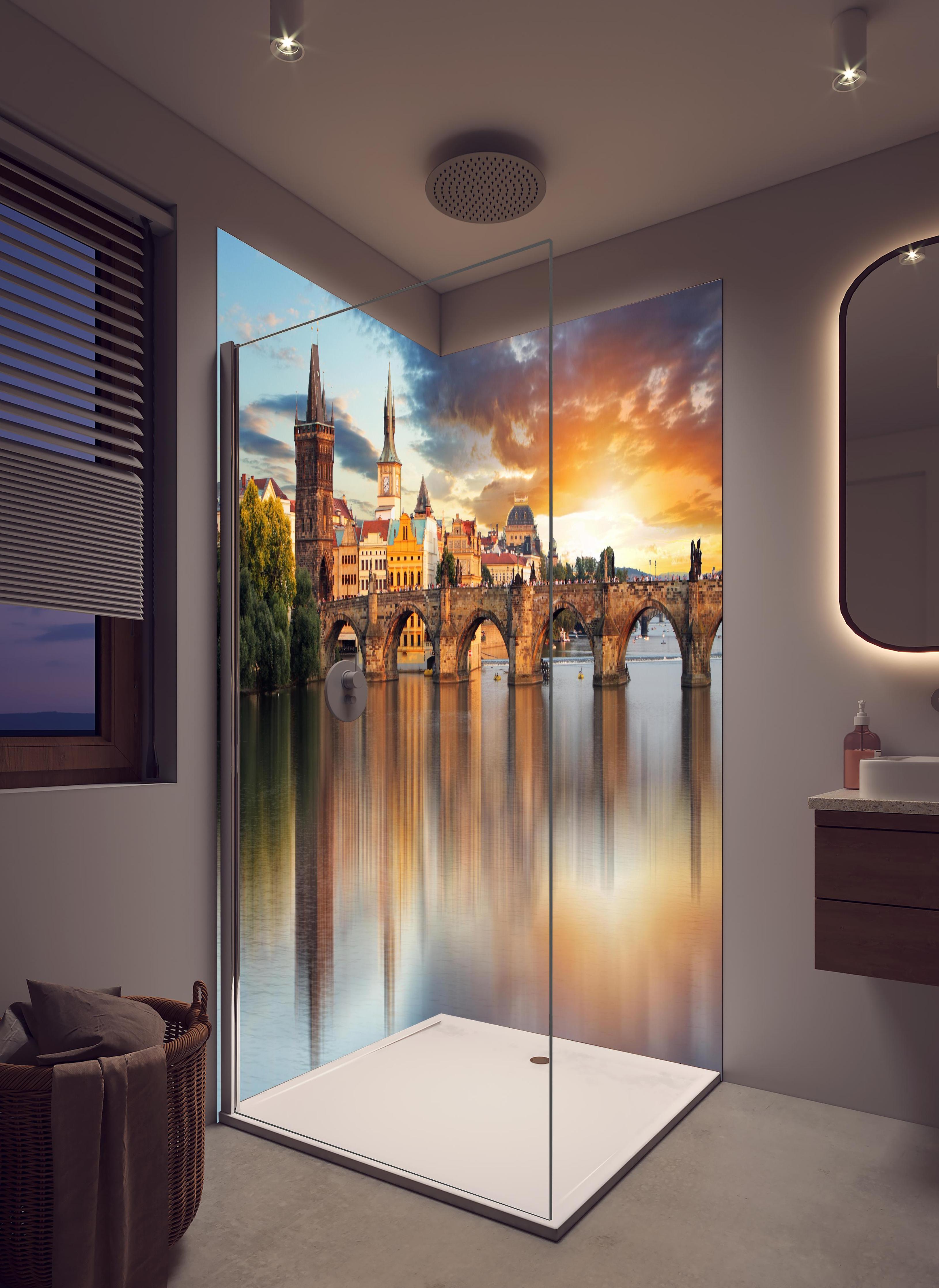Duschrückwand - Karlsbrücke in Prag bei Sonnenuntergang in hellem Badezimmer mit Regenduschkopf - zweiteilige Eck-Duschrückwand