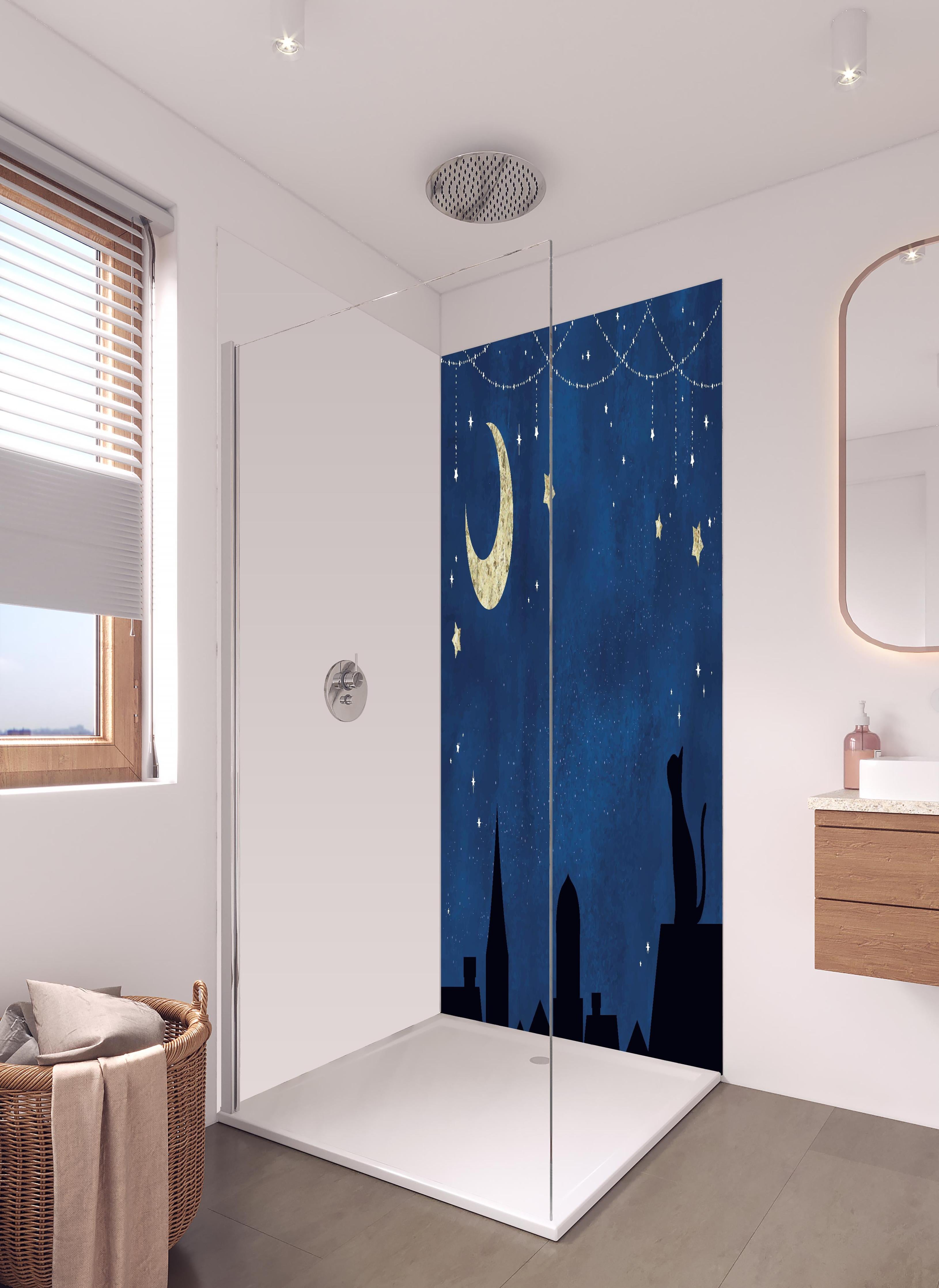 Duschrückwand - Katze Mond und Sterne Silhouettenbild in hellem Badezimmer mit Regenduschkopf - zweiteilige Eck-Duschrückwand