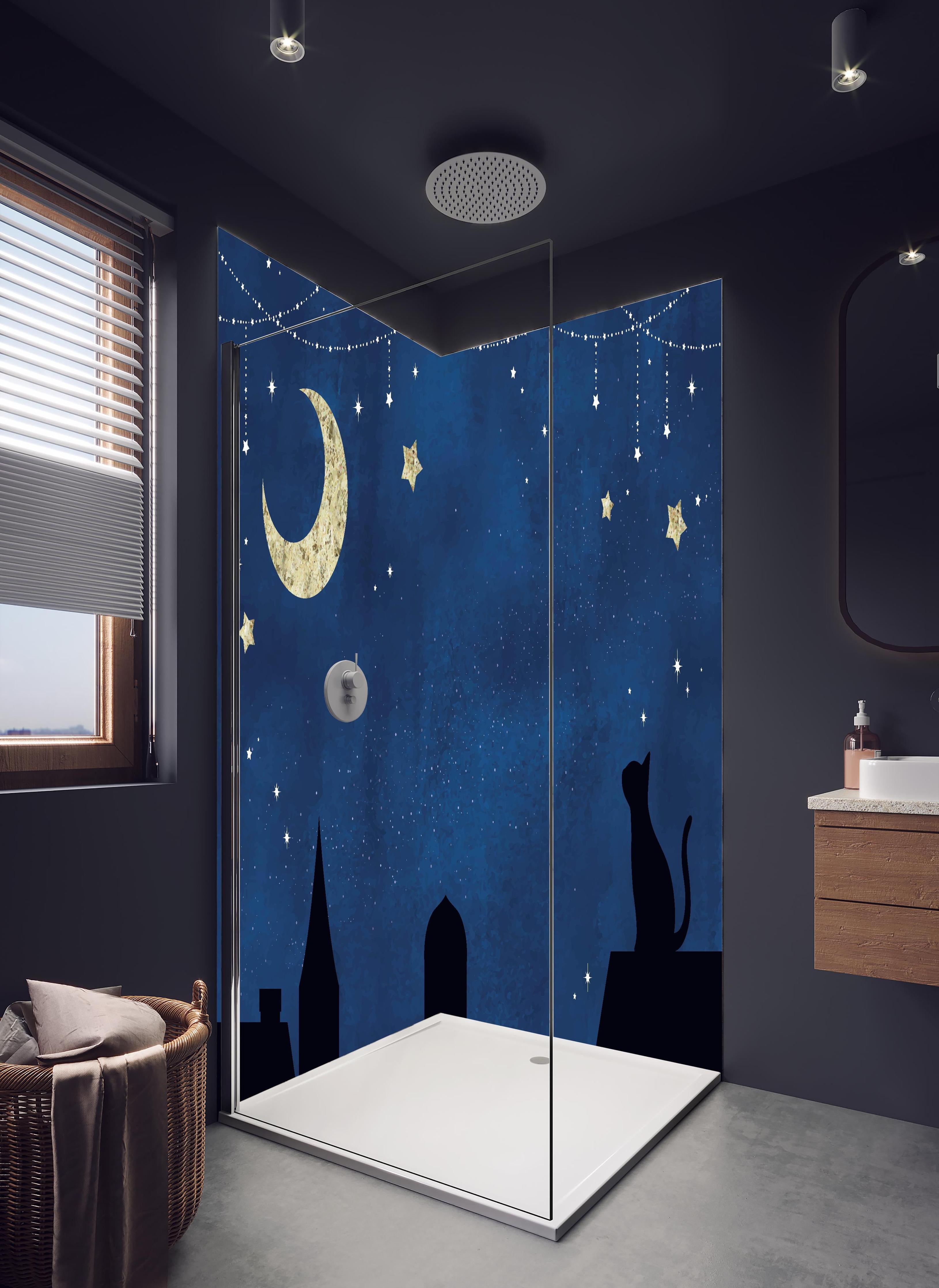 Duschrückwand - Katze Mond und Sterne Silhouettenbild in hellem Badezimmer mit Regenduschkopf - zweiteilige Eck-Duschrückwand