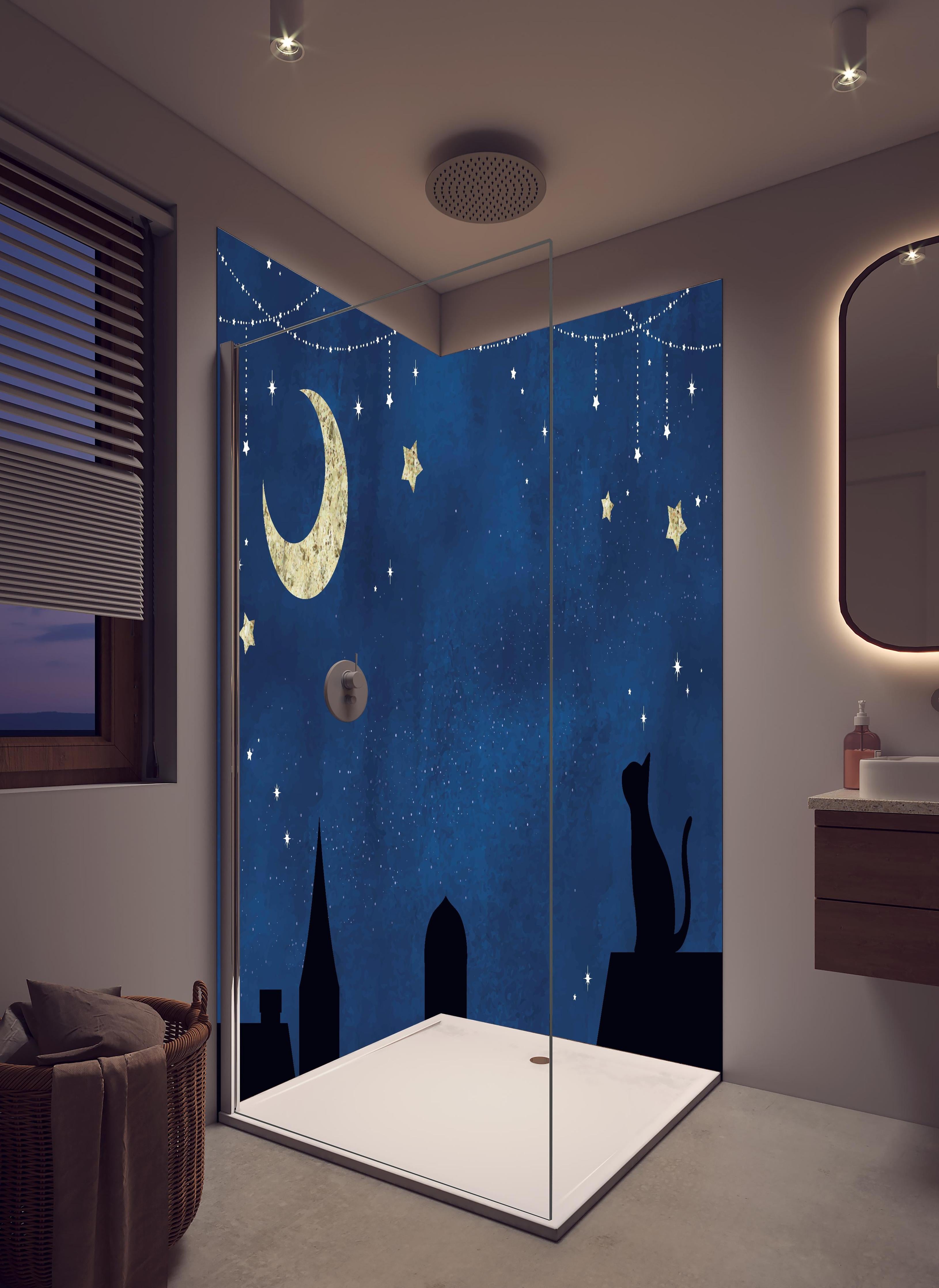 Duschrückwand - Katze Mond und Sterne Silhouettenbild in hellem Badezimmer mit Regenduschkopf - zweiteilige Eck-Duschrückwand