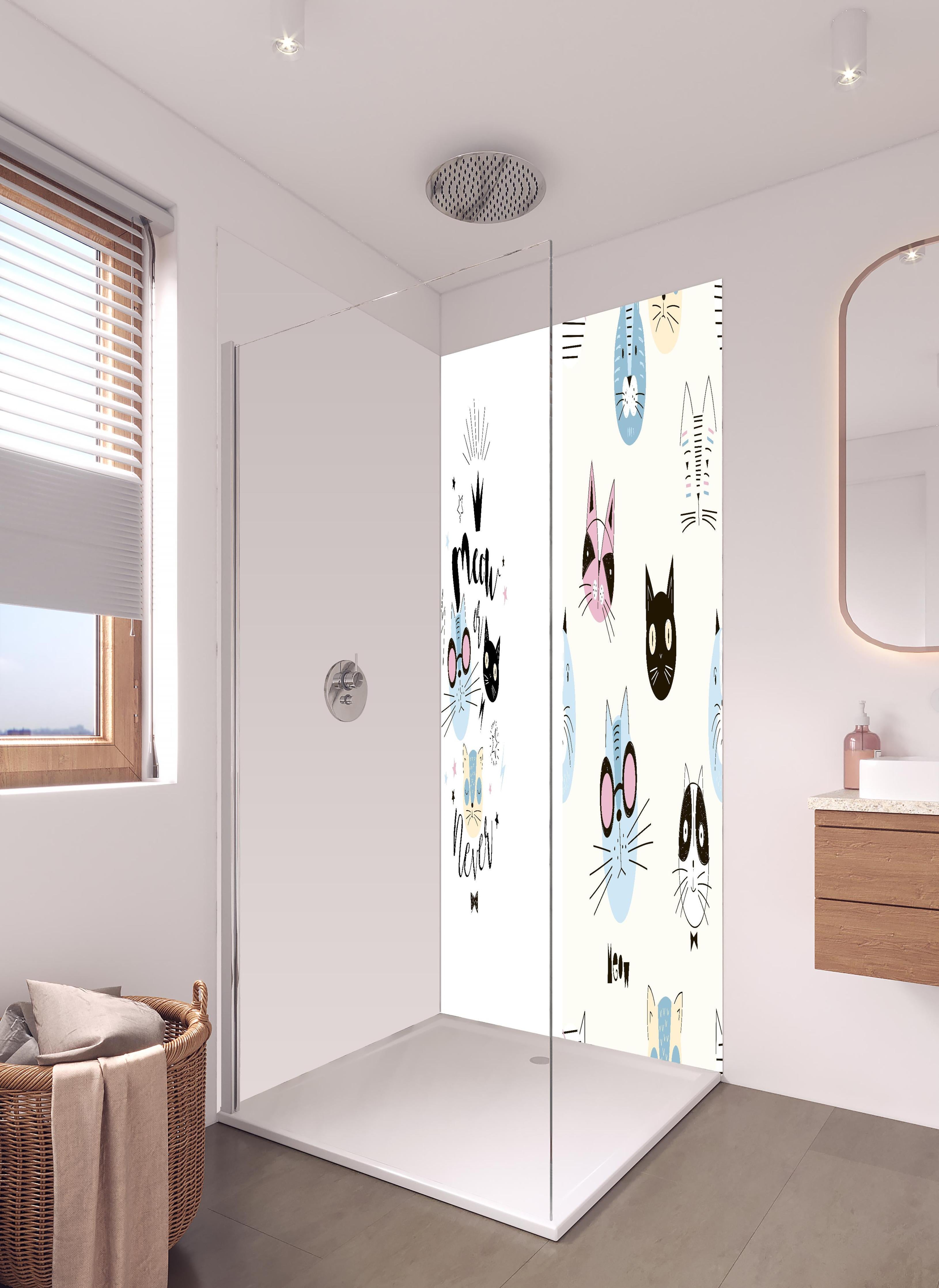 Duschrückwand - Katzen-Muster Schlafanzug-Set für Kinder in hellem Badezimmer mit Regenduschkopf - zweiteilige Eck-Duschrückwand