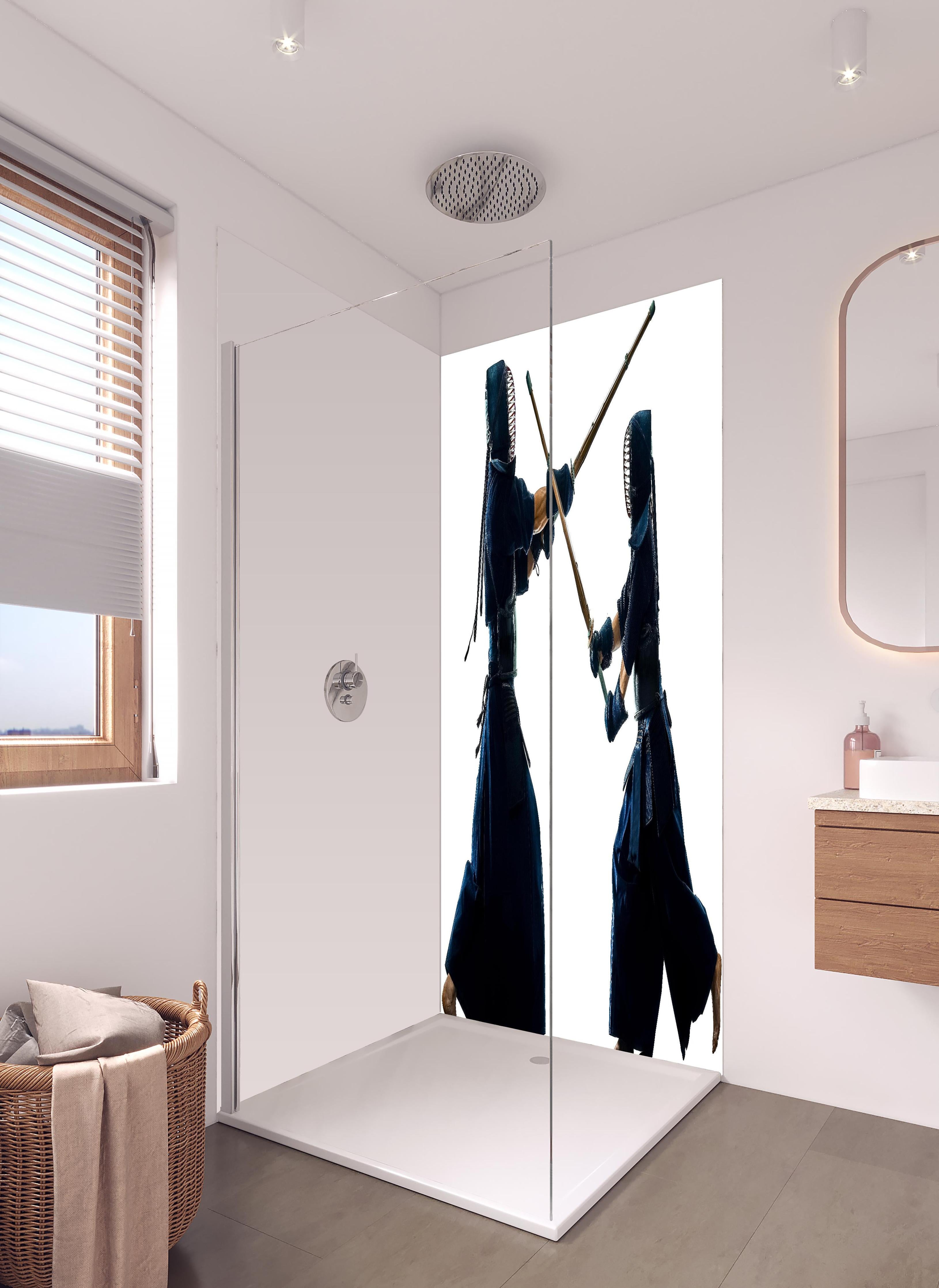 Duschrückwand - Kendo Kampfsport in hellem Badezimmer mit Regenduschkopf - zweiteilige Eck-Duschrückwand