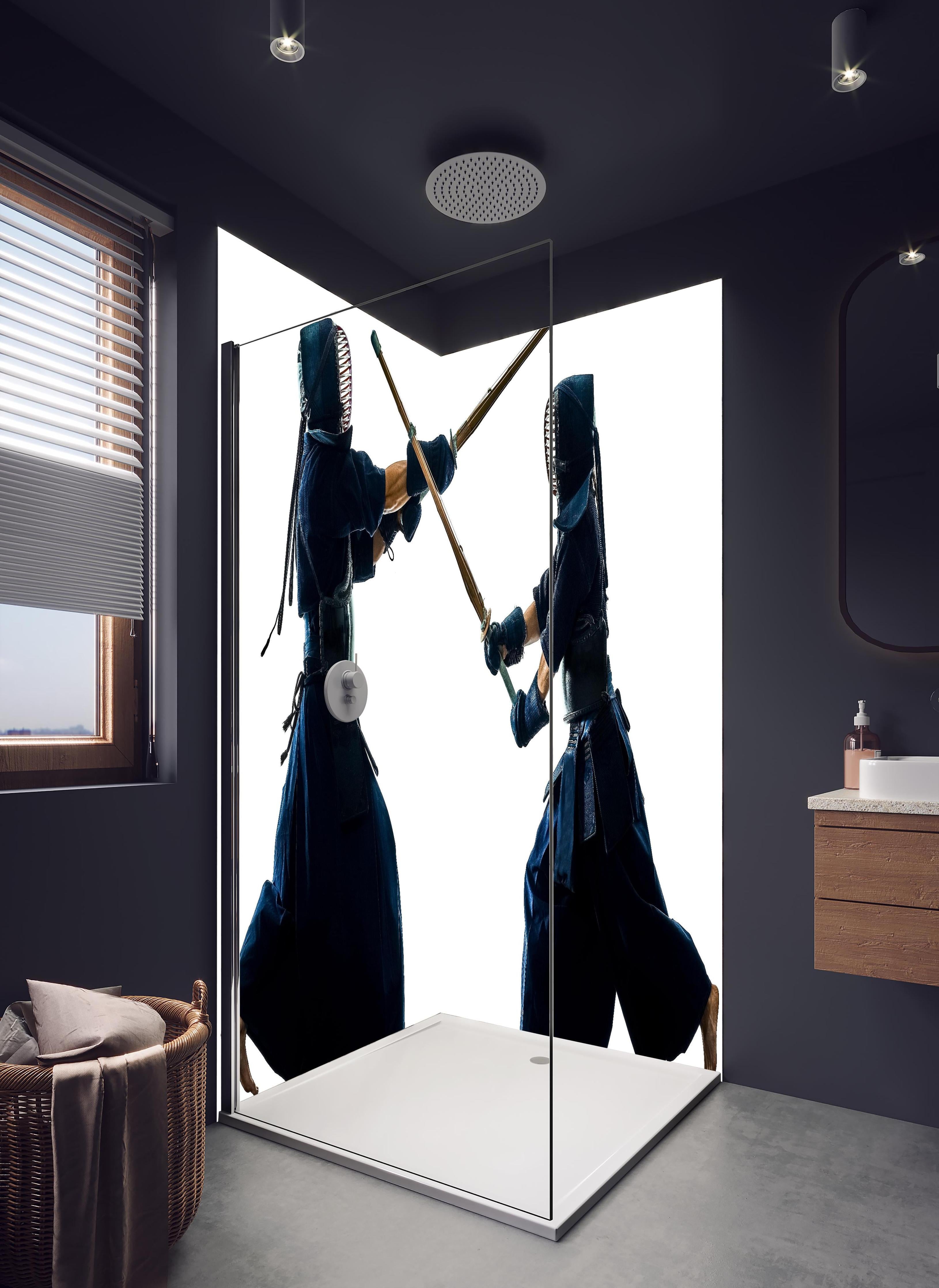 Duschrückwand - Kendo Kampfsport in hellem Badezimmer mit Regenduschkopf - zweiteilige Eck-Duschrückwand