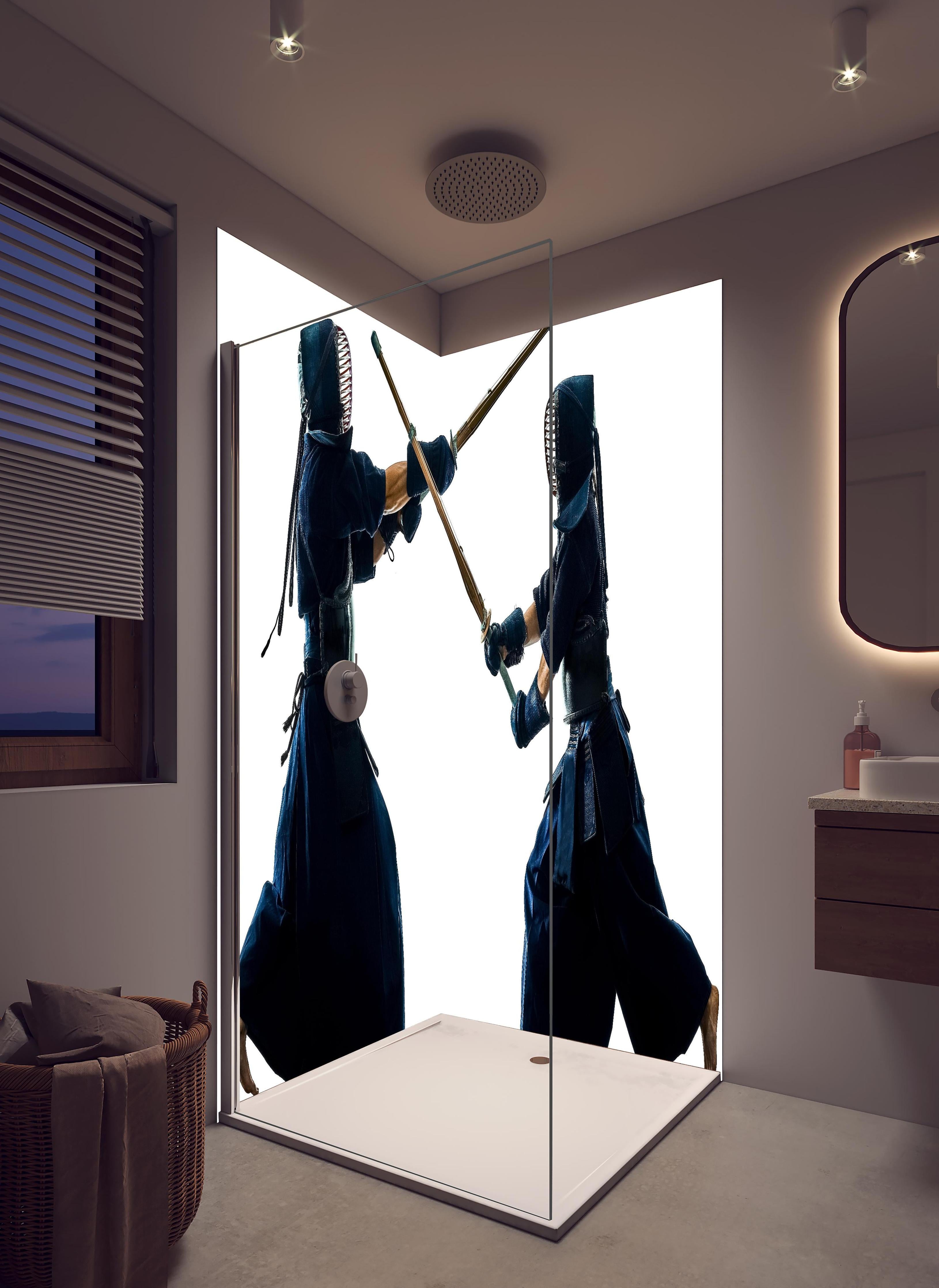 Duschrückwand - Kendo Kampfsport in hellem Badezimmer mit Regenduschkopf - zweiteilige Eck-Duschrückwand