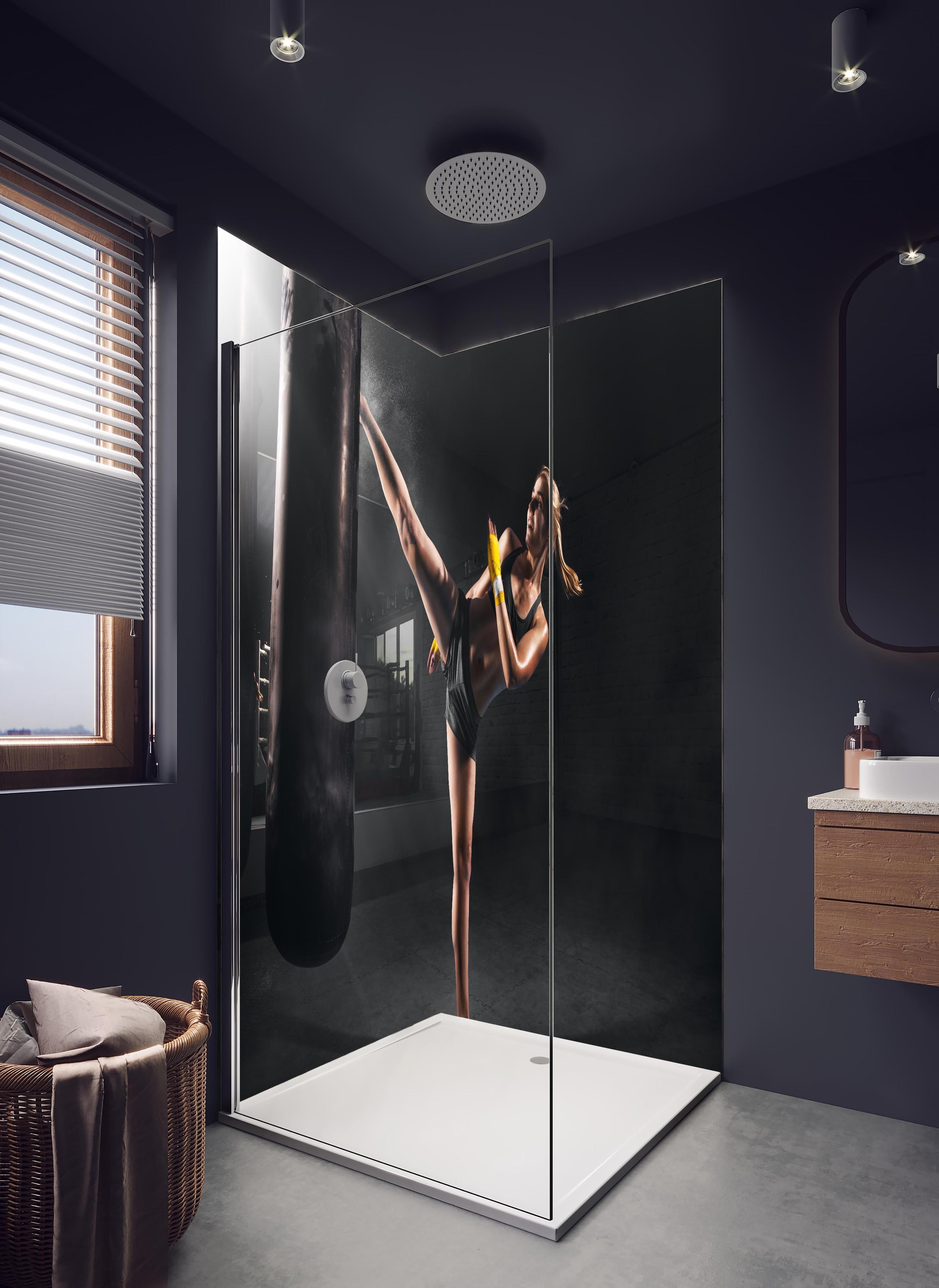 Duschrückwand - Kickboxen Sport in hellem Badezimmer mit Regenduschkopf - zweiteilige Eck-Duschrückwand