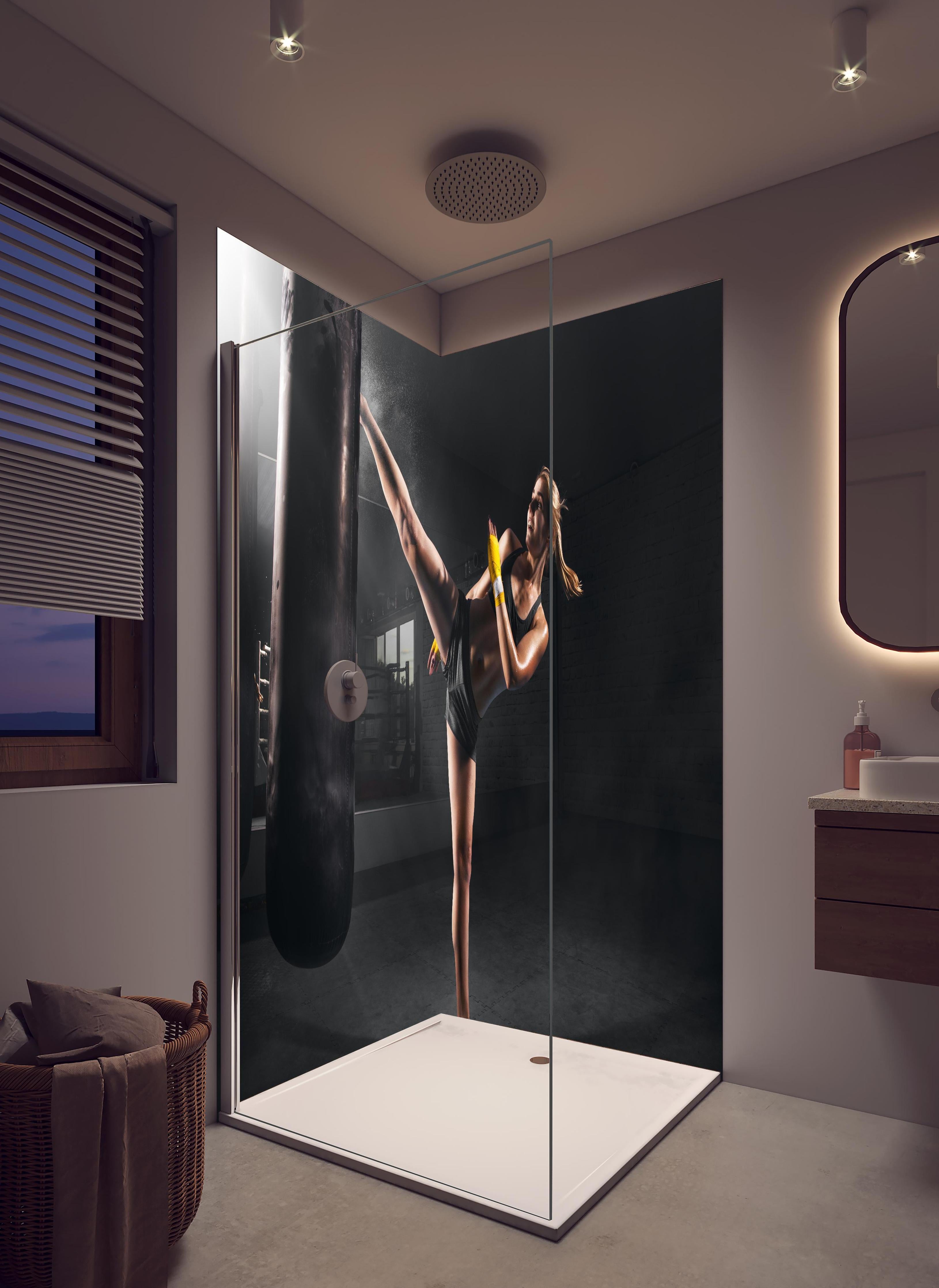 Duschrückwand - Kickboxen Sport in hellem Badezimmer mit Regenduschkopf - zweiteilige Eck-Duschrückwand