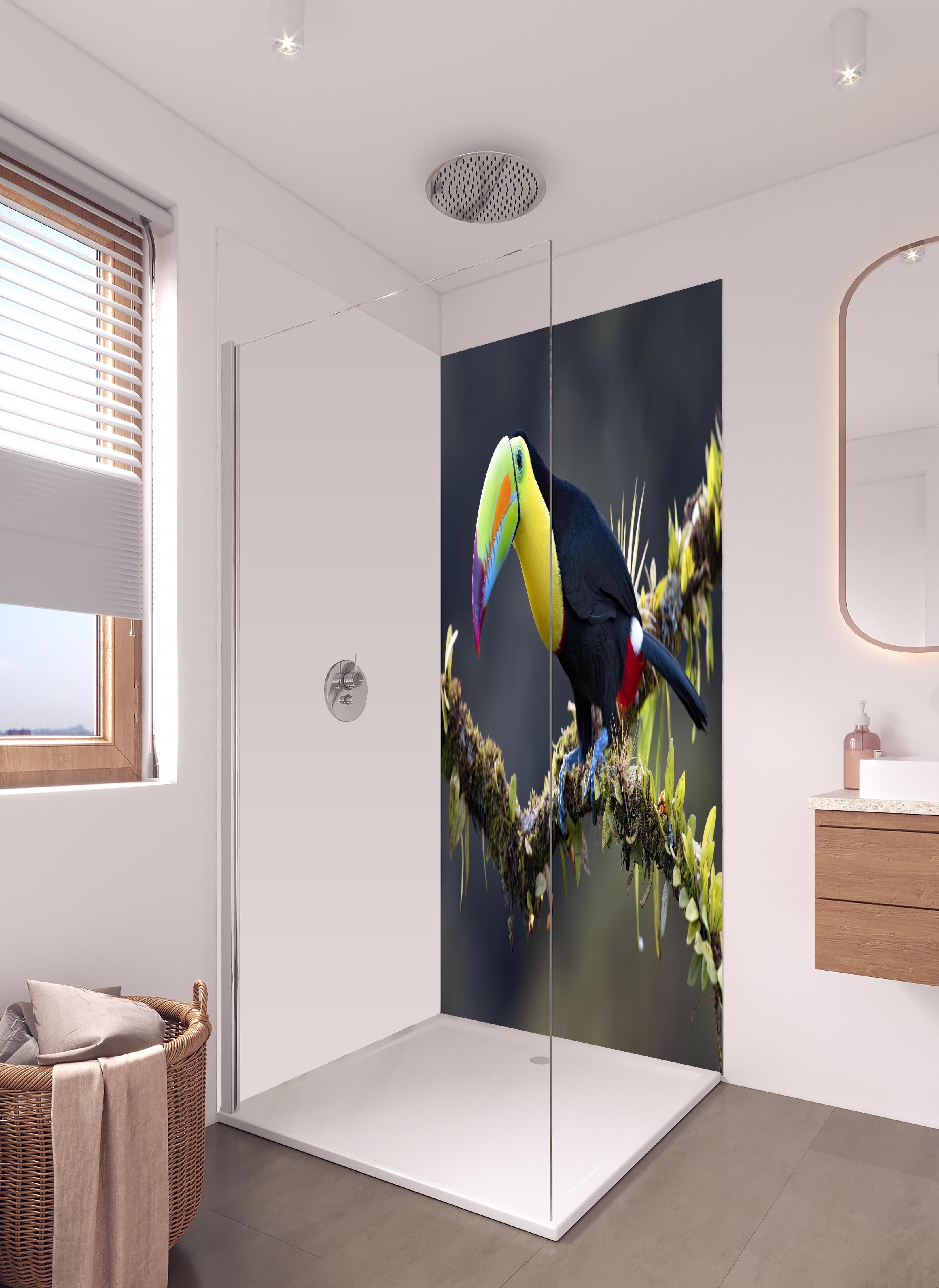 Duschrückwand - Kielschnabeltukan auf Ast in hellem Badezimmer mit Regenduschkopf - zweiteilige Eck-Duschrückwand