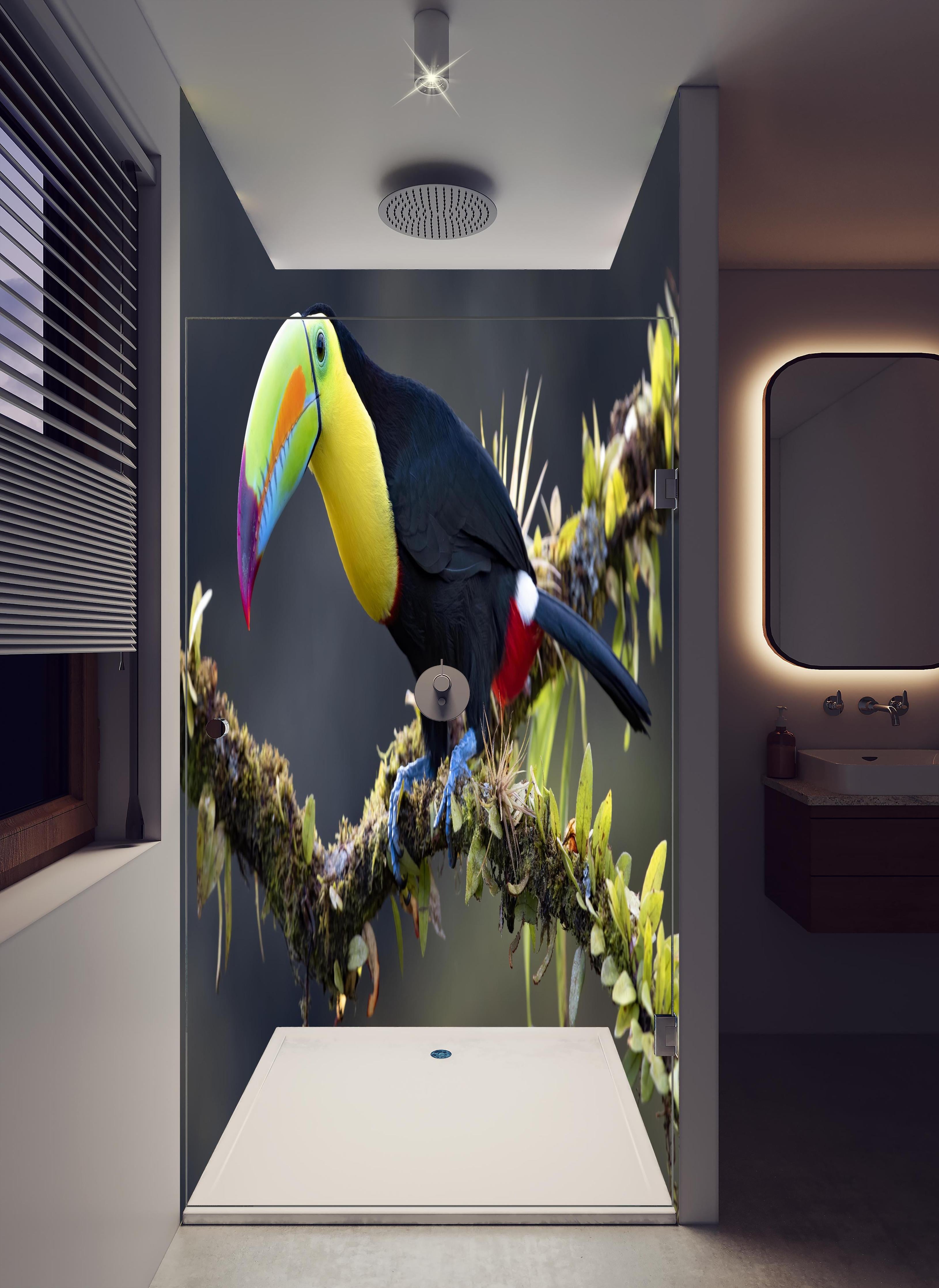 Duschrückwand - Kielschnabeltukan auf Ast in hellem Badezimmer mit Regenduschkopf - zweiteilige Eck-Duschrückwand