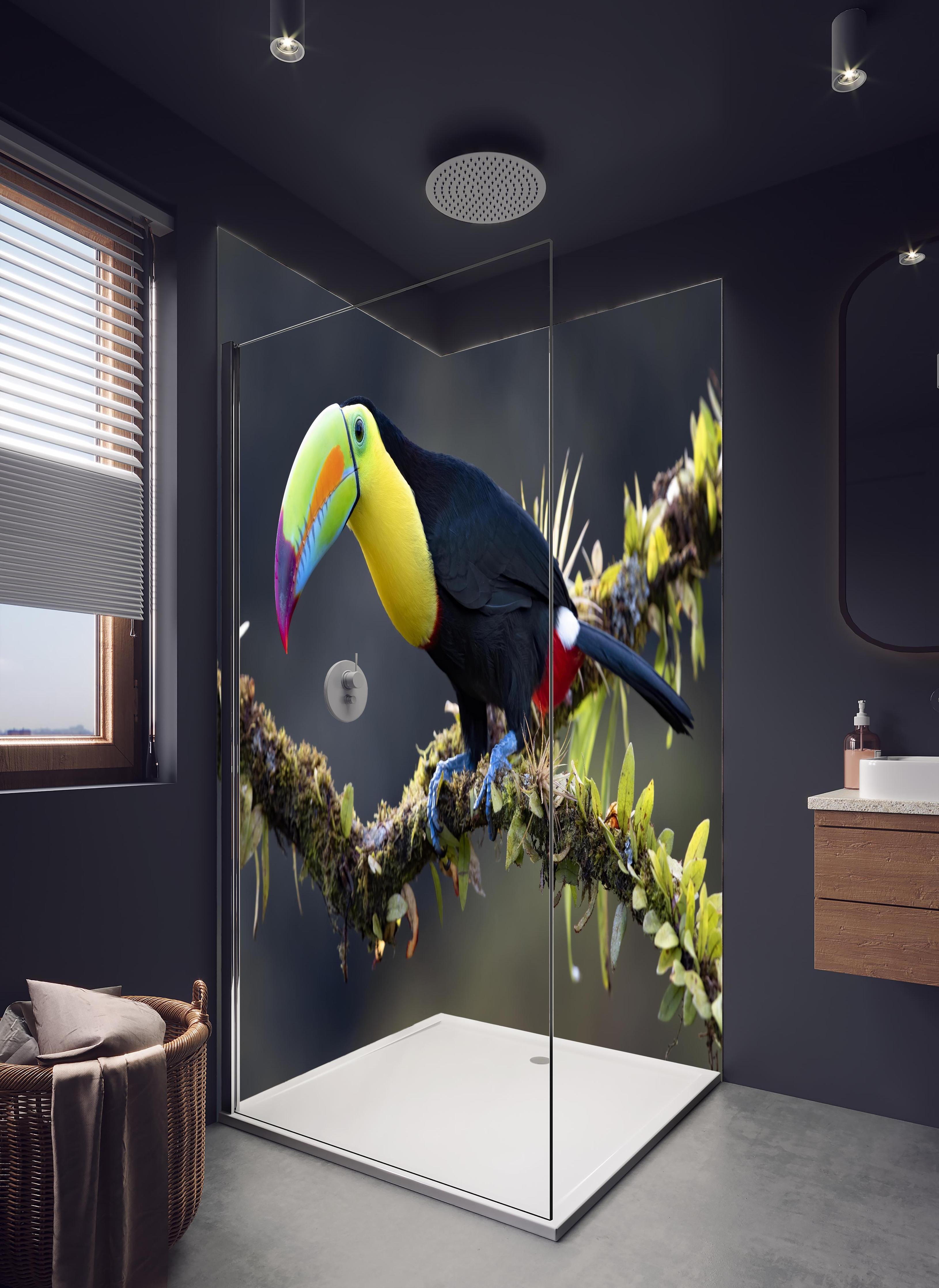 Duschrückwand - Kielschnabeltukan auf Ast in hellem Badezimmer mit Regenduschkopf - zweiteilige Eck-Duschrückwand