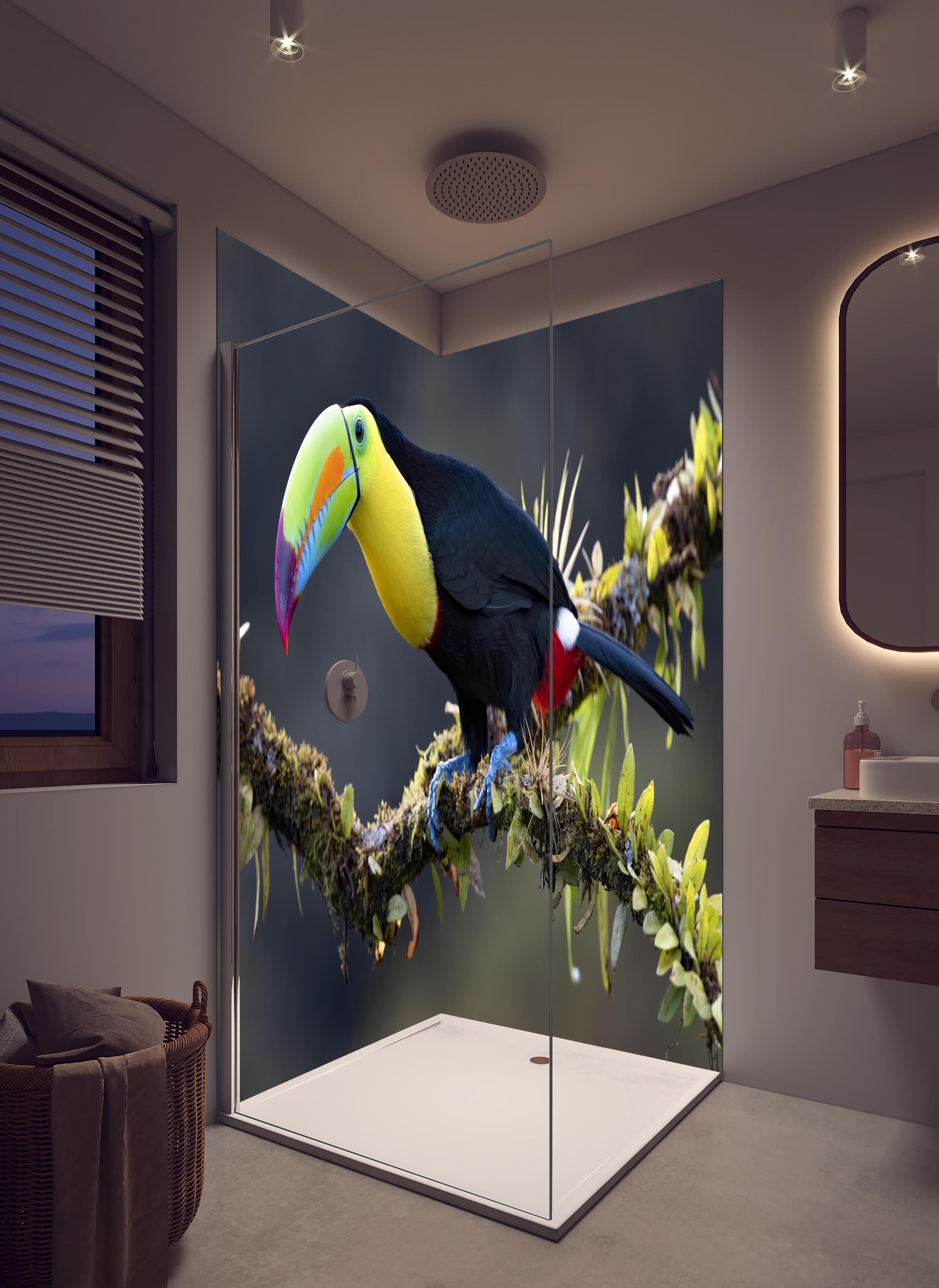 Duschrückwand - Kielschnabeltukan auf Ast in hellem Badezimmer mit Regenduschkopf - zweiteilige Eck-Duschrückwand