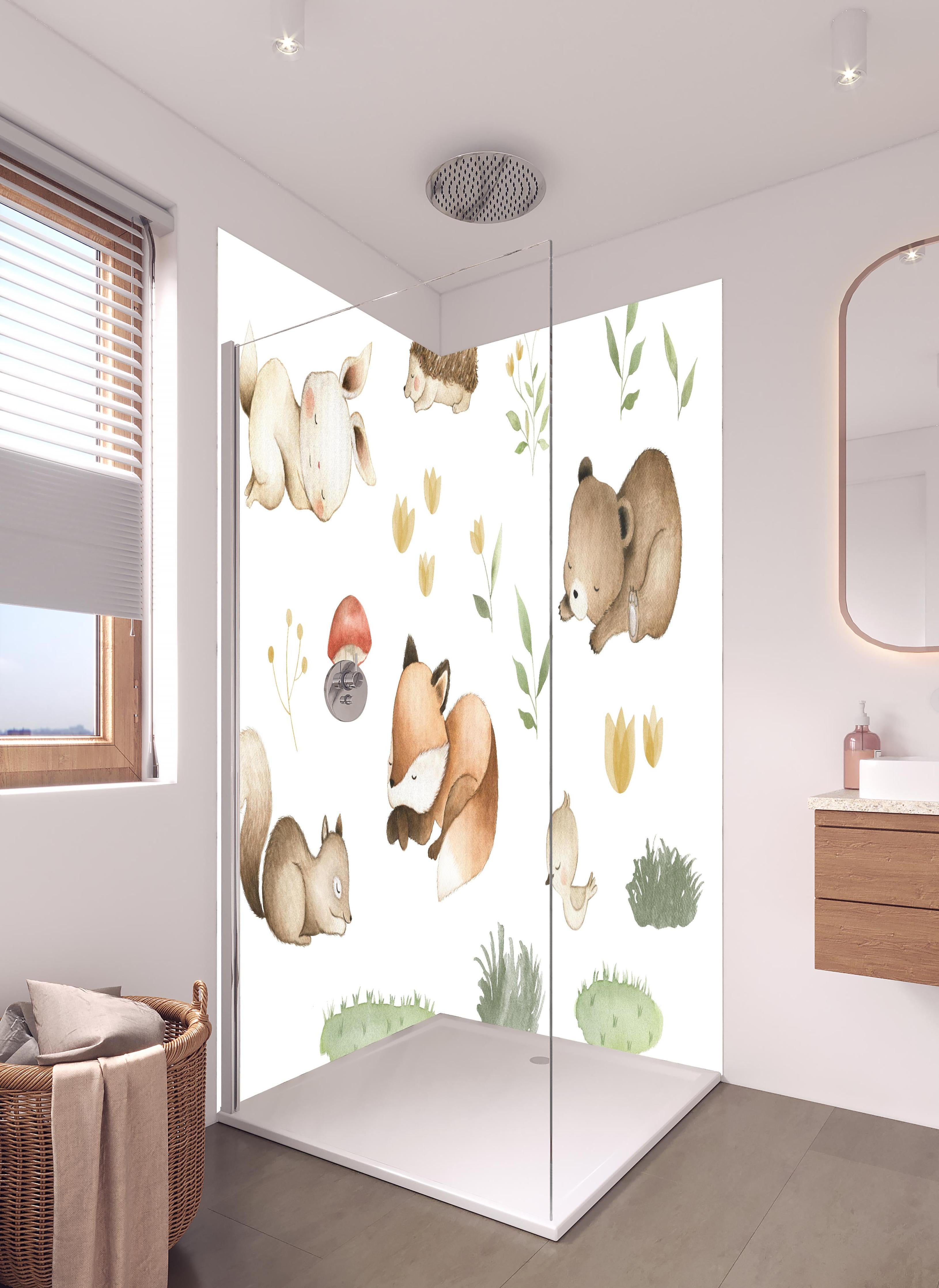 Duschrückwand - Kindermotiv - Schlafende Tierchen in hellem Badezimmer mit Regenduschkopf - zweiteilige Eck-Duschrückwand